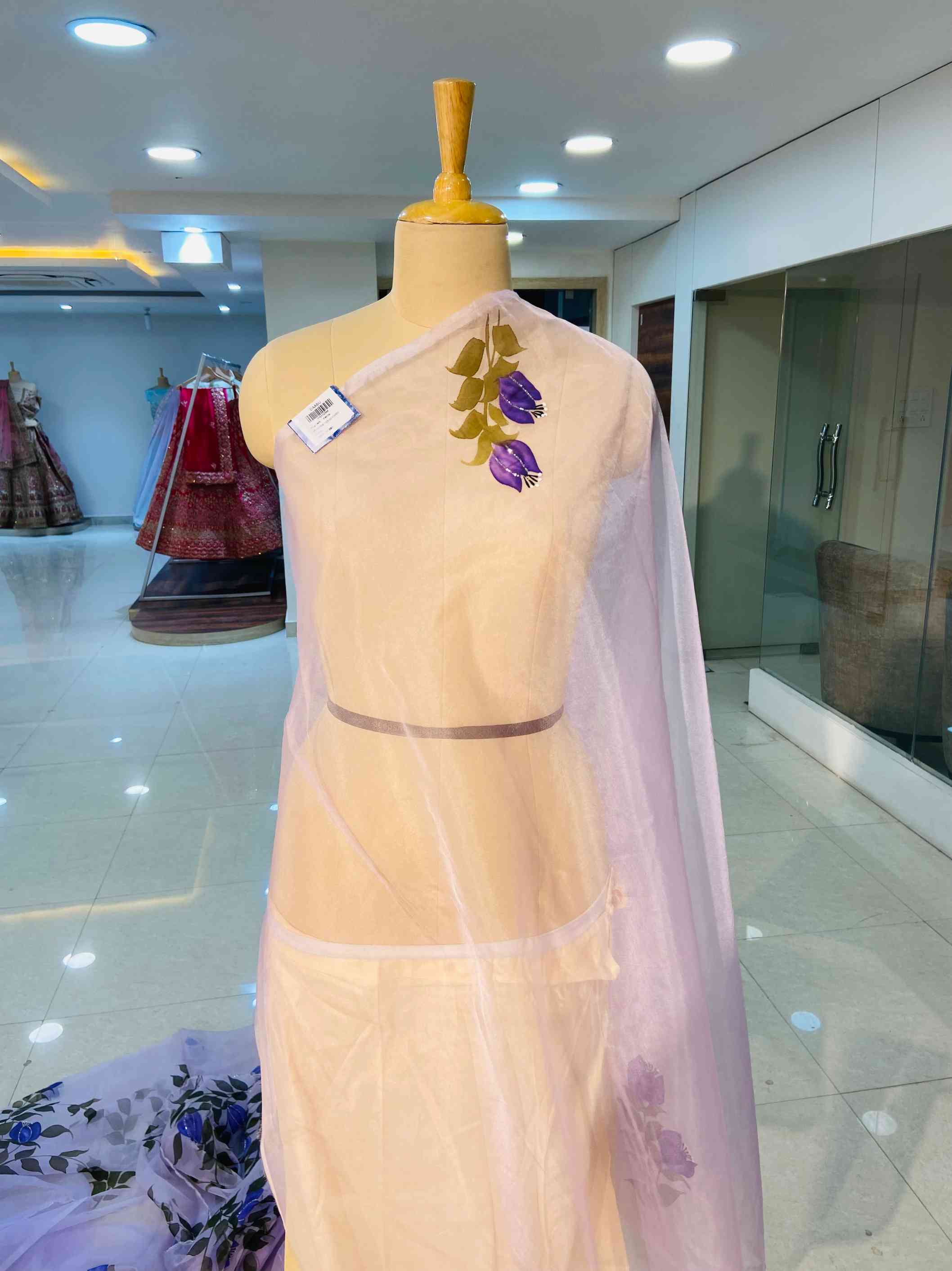 Lilac Hand Painted Organza Saree - Daabu Jaipur