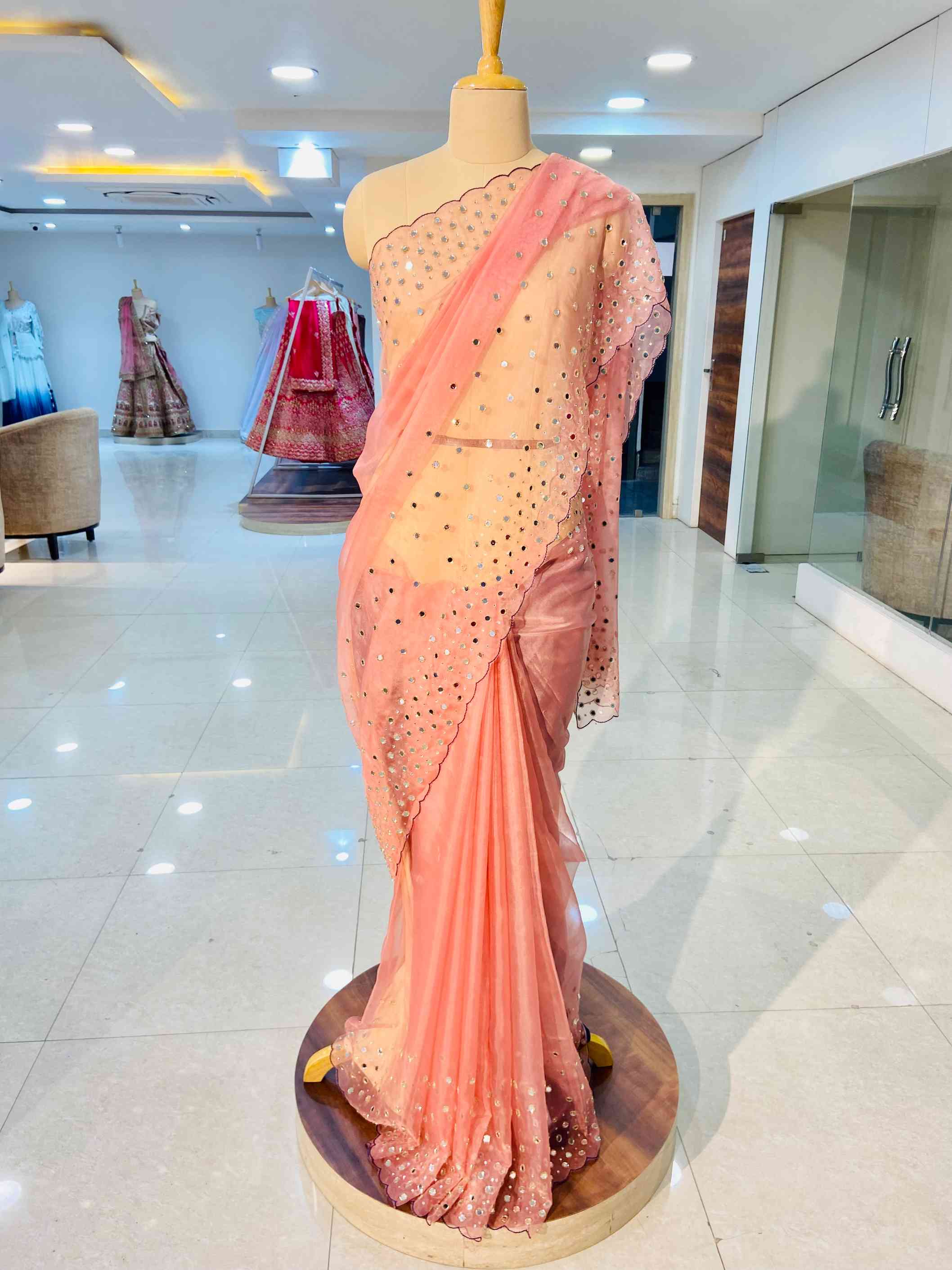 Salmon Pink Organza Saree - Daabu Jaipur