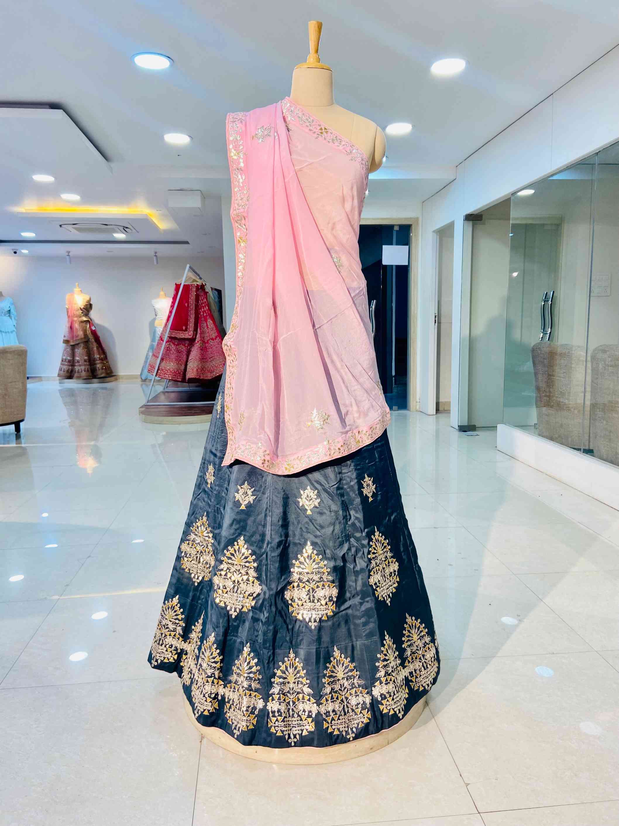 Steel Grey Mehsoor Silk Lehenga - Daabu Jaipur