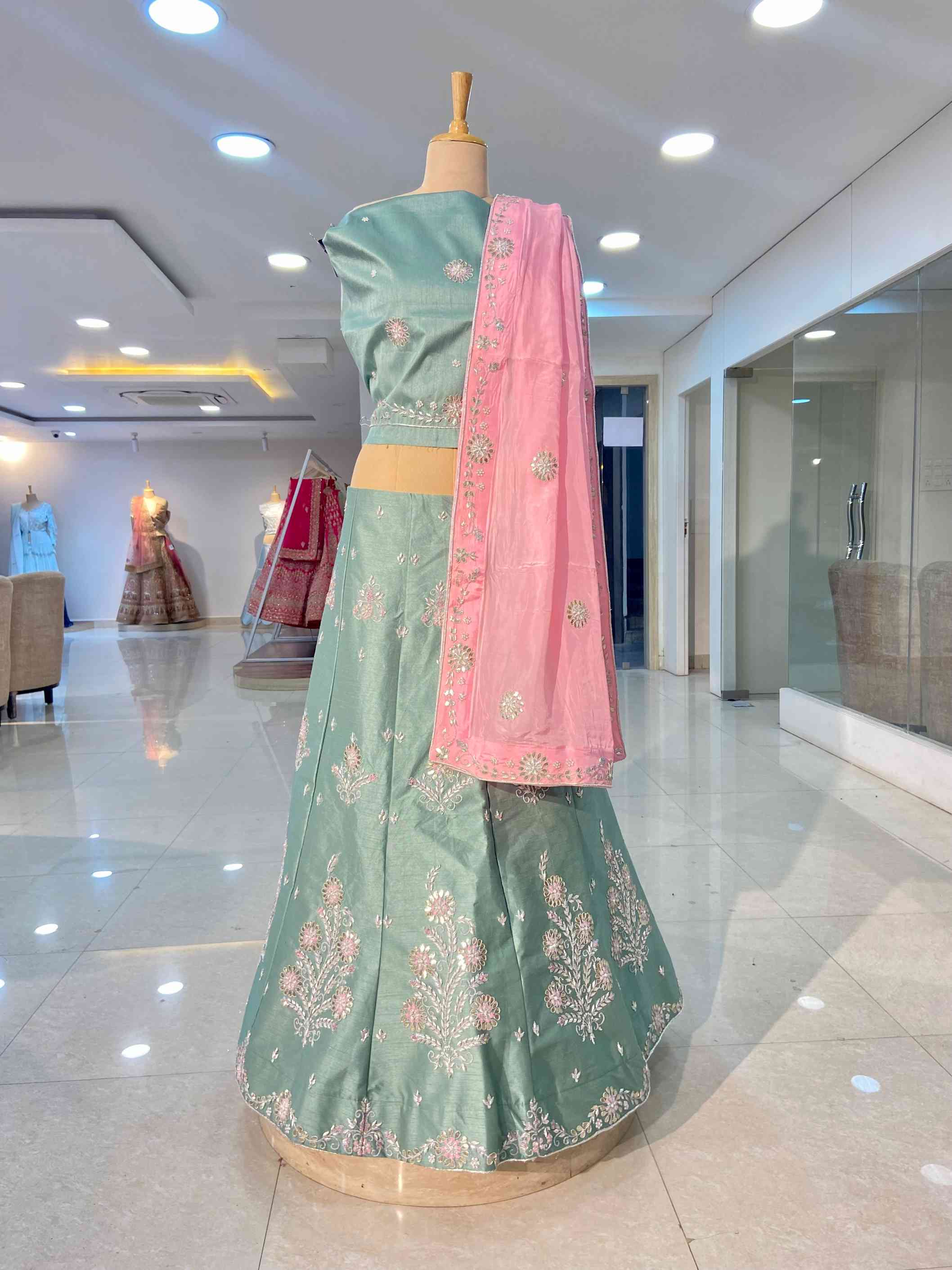 Light Green Raw Silk Lehenga - Daabu Jaipur