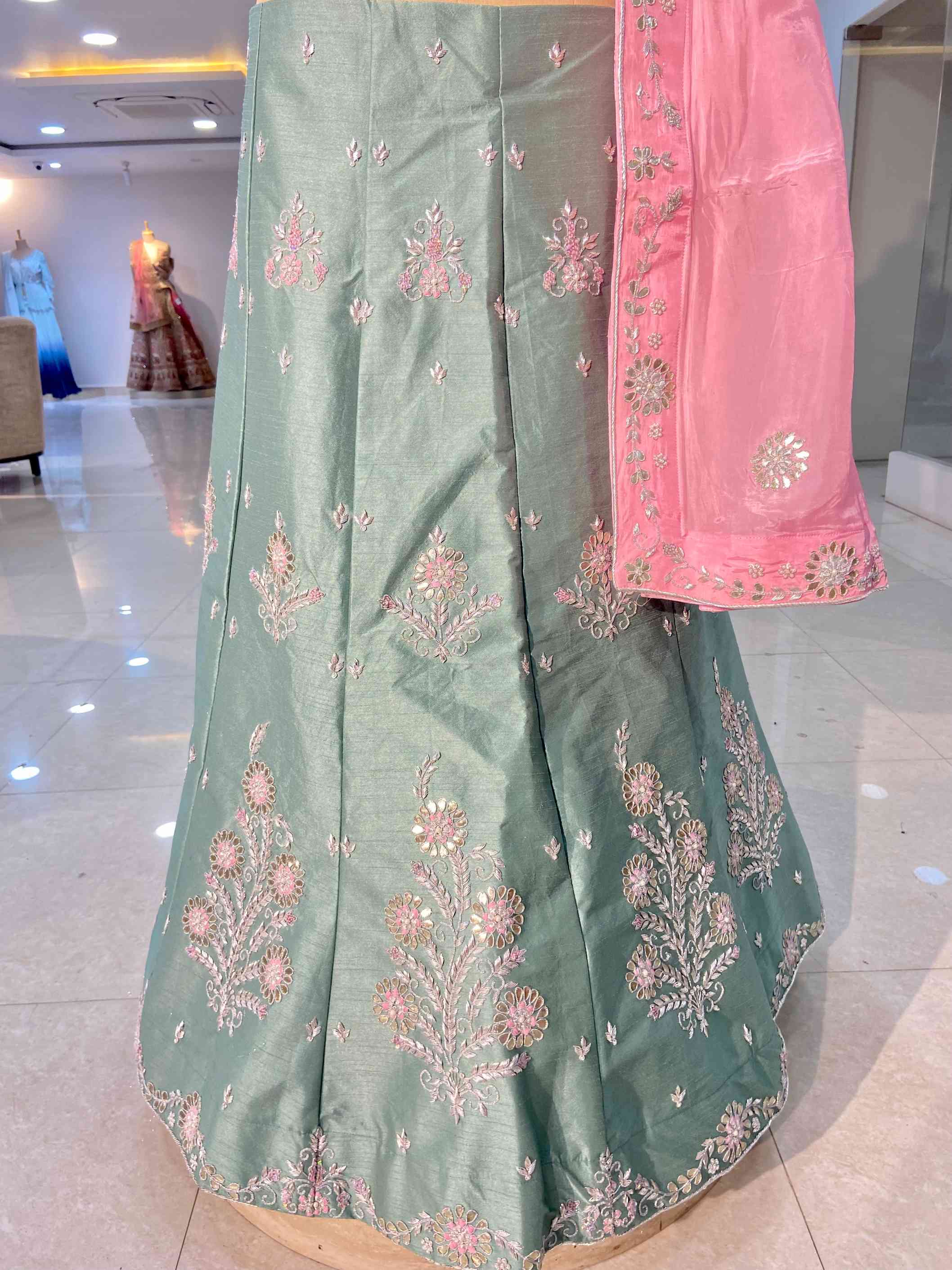 Light Green Raw Silk Lehenga - Daabu Jaipur