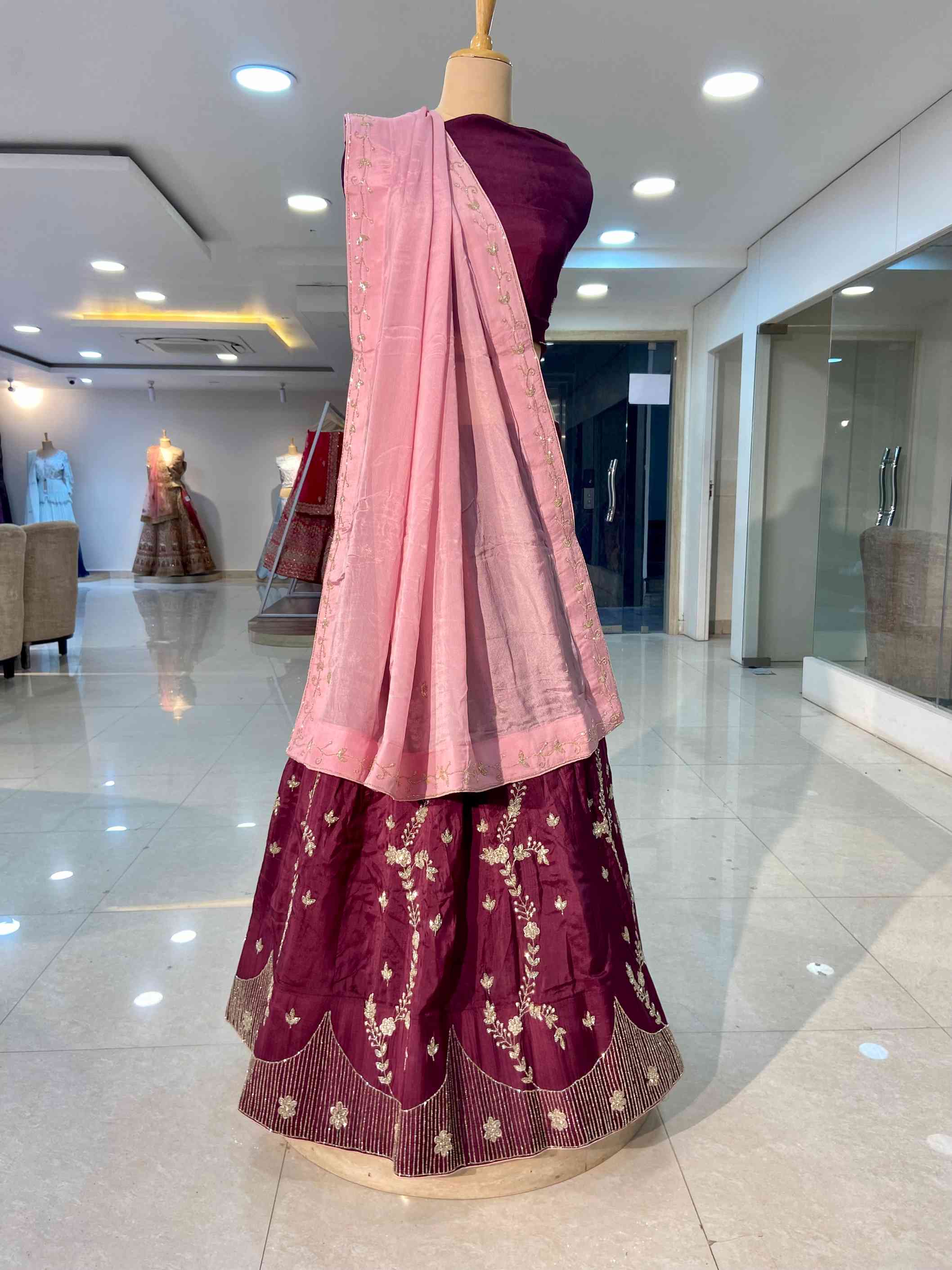 Burgundy Uppada Silk Designer Lehenga - Daabu Jaipur