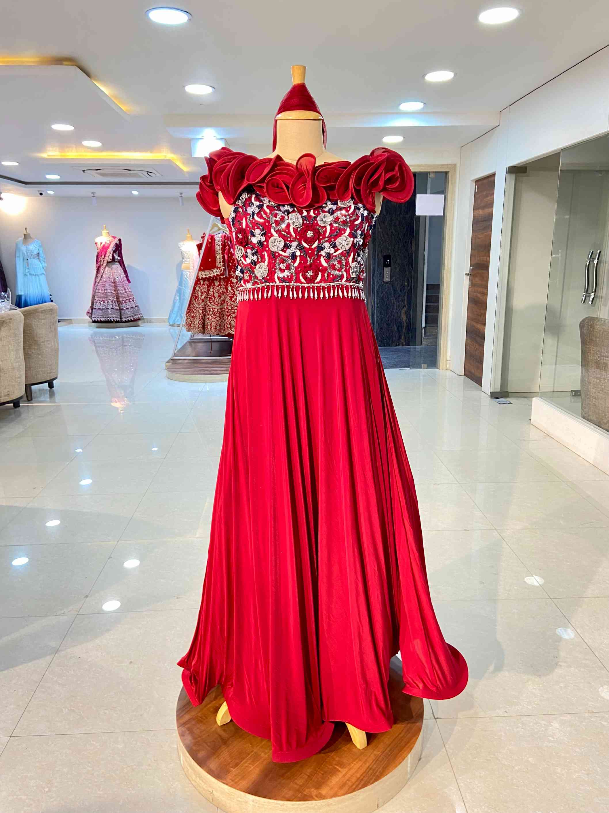 Dark Red Bamberg Silk Gown - Daabu Jaipur