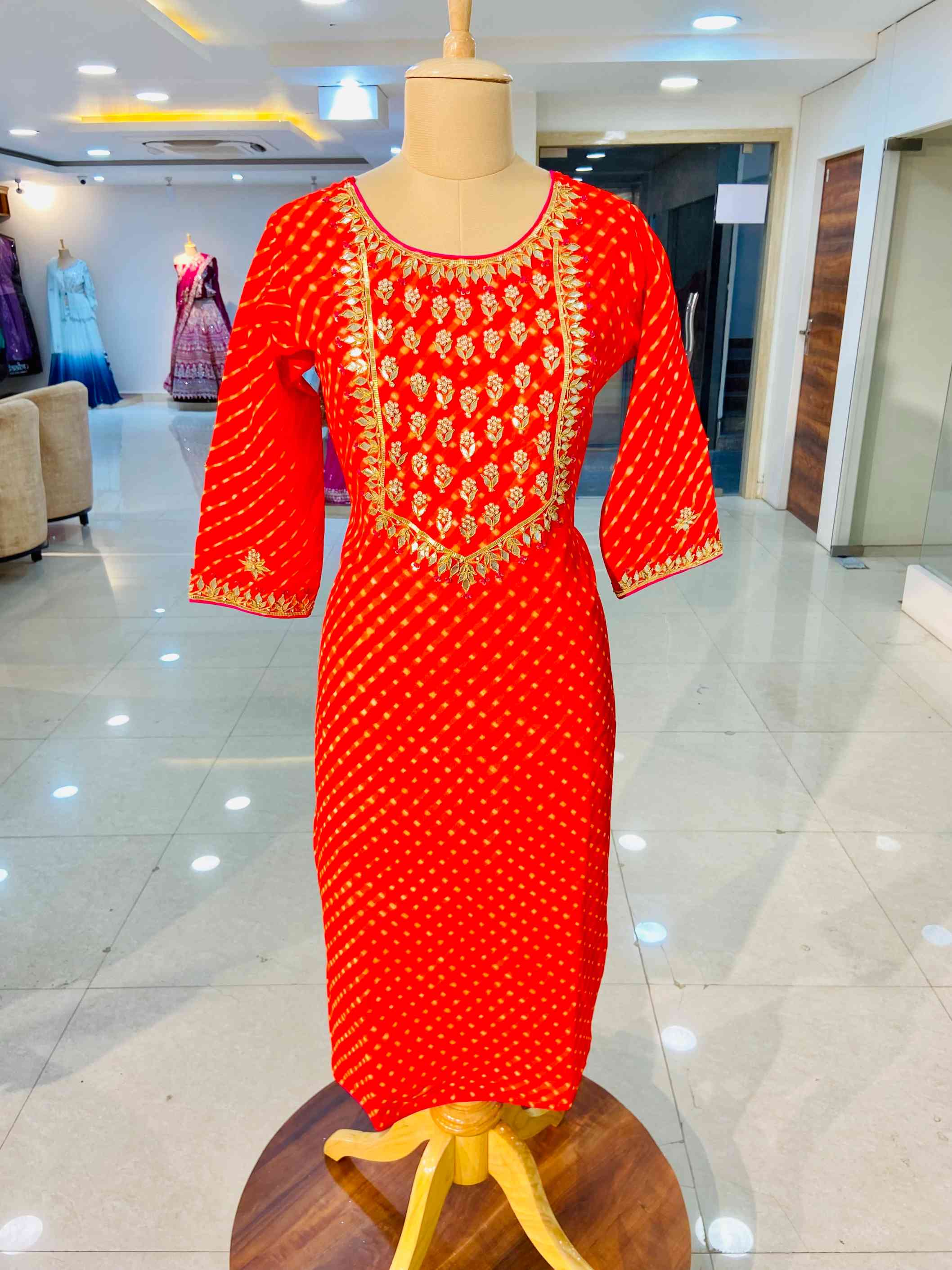 Red Leheriya Pure Crepe Kurti - Daabu Jaipur