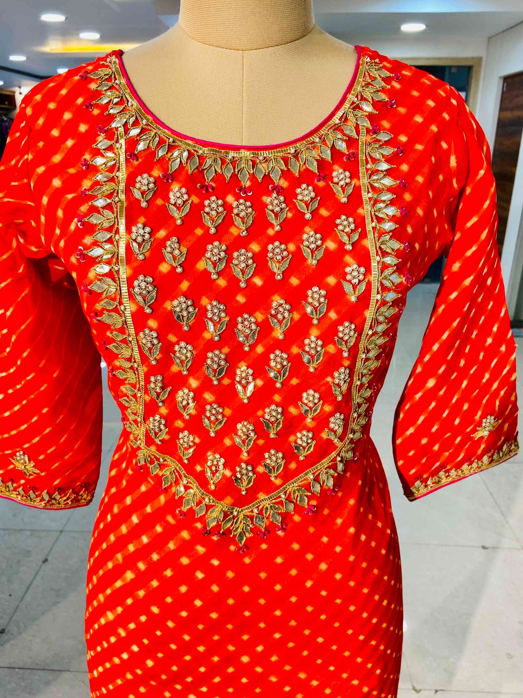 Red Leheriya Pure Crepe Kurti - Daabu Jaipur