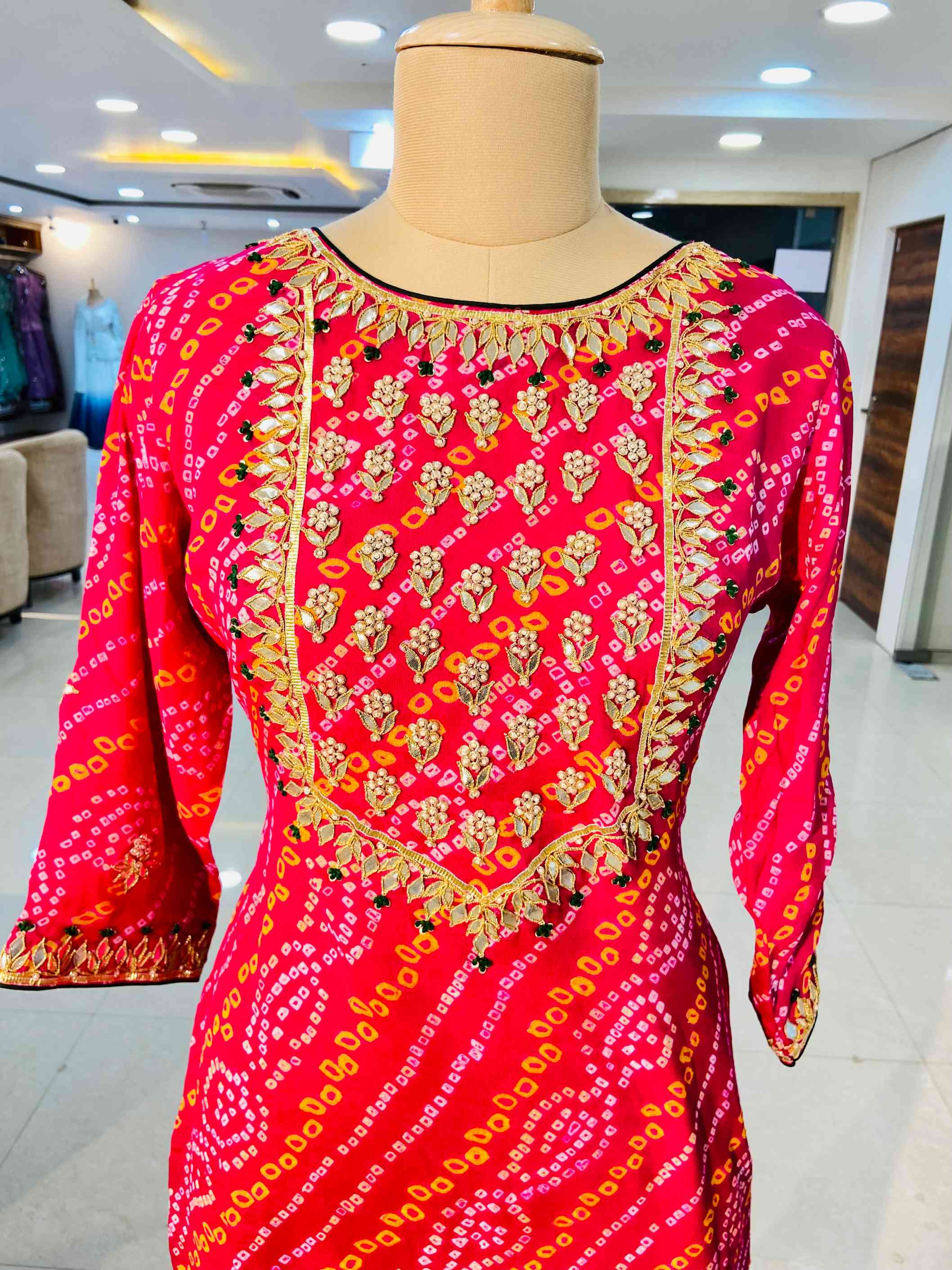 Pink Bandhej Pure Crepe Kurti - Daabu Jaipur