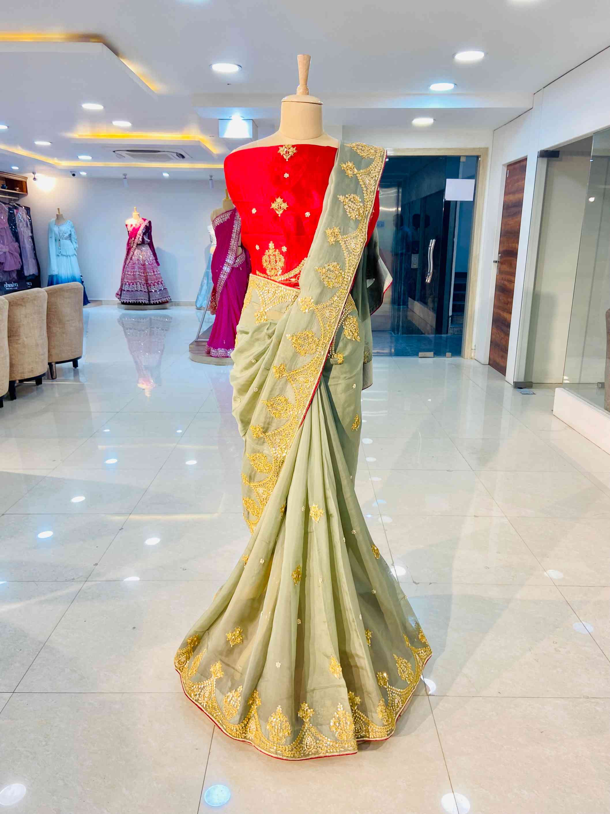 Trout Gray Organza Saree With Gotta Patti Work - Daabu Jaipur