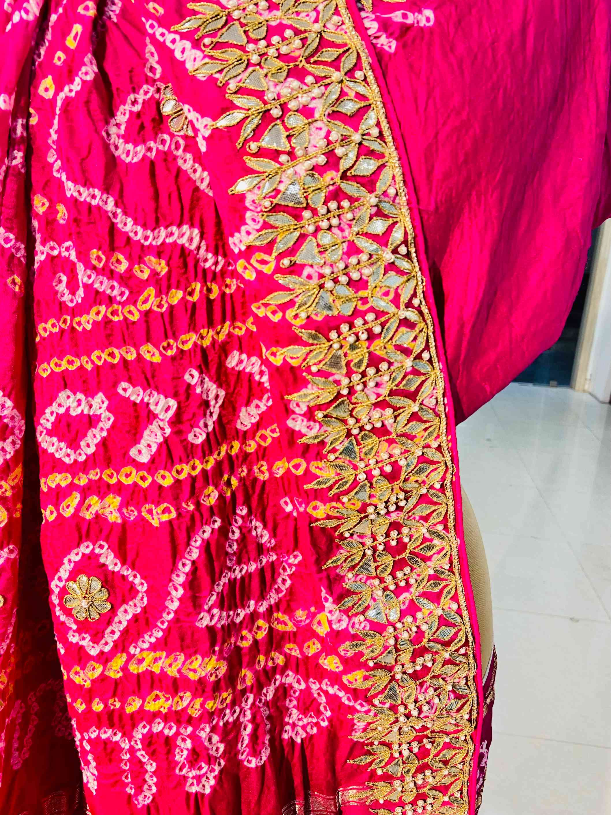 Gajji Silk Bandhej Saree With Gotta Patti Work - Daabu Jaipur