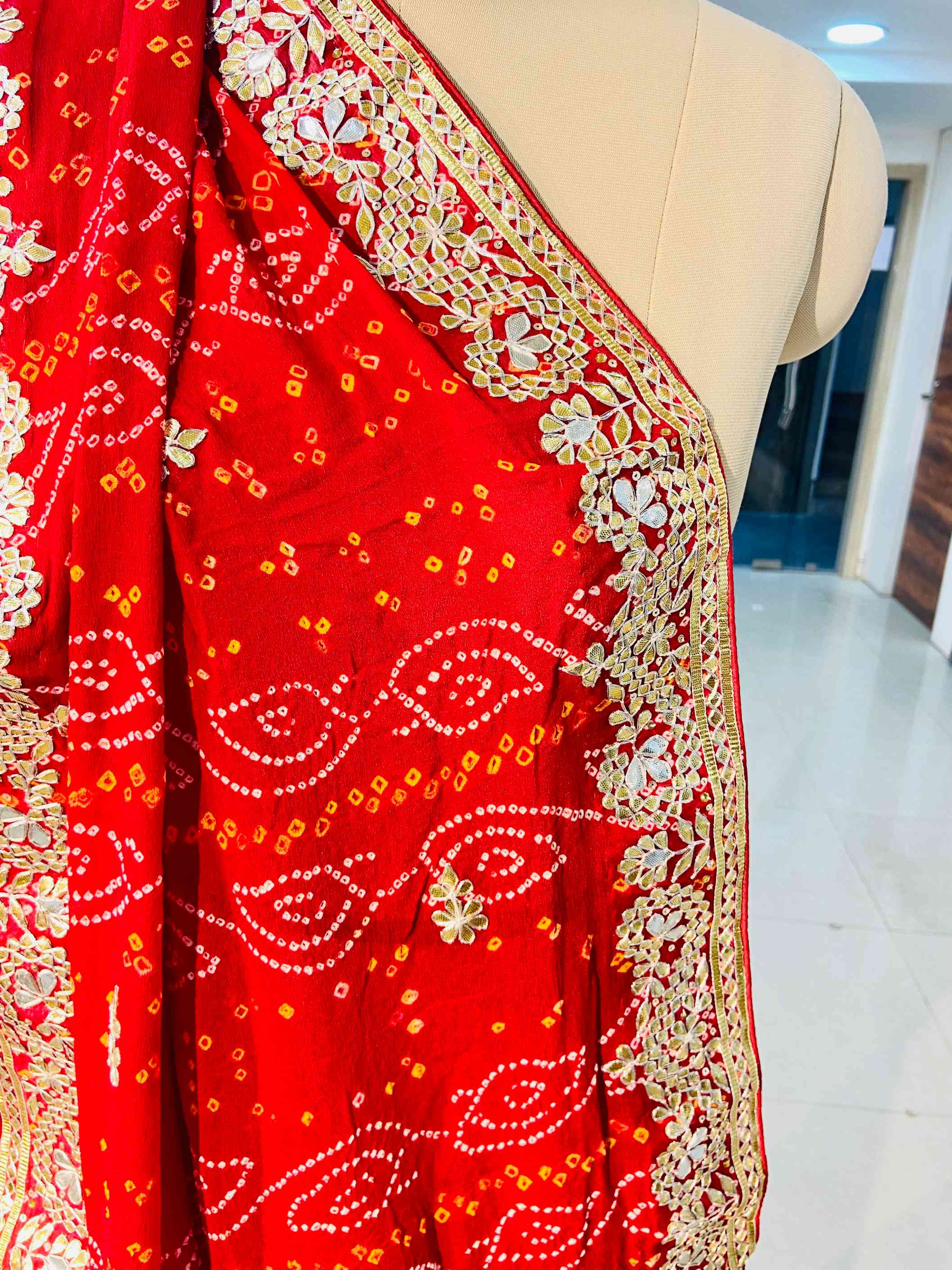 Pure Crepe Bandhej Saree - Daabu Jaipur