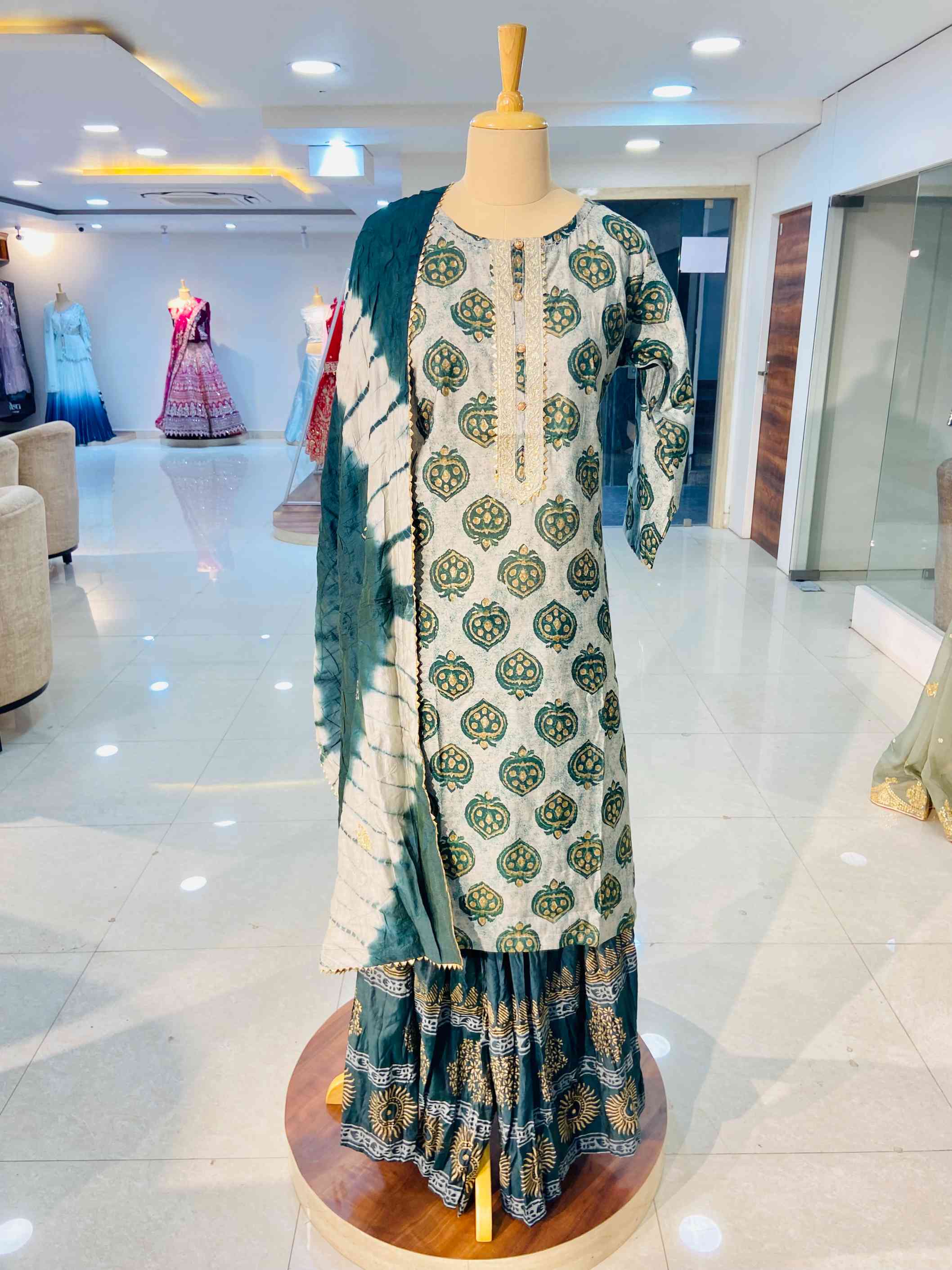 Green Printed Muslin Sharara Set - Daabu Jaipur