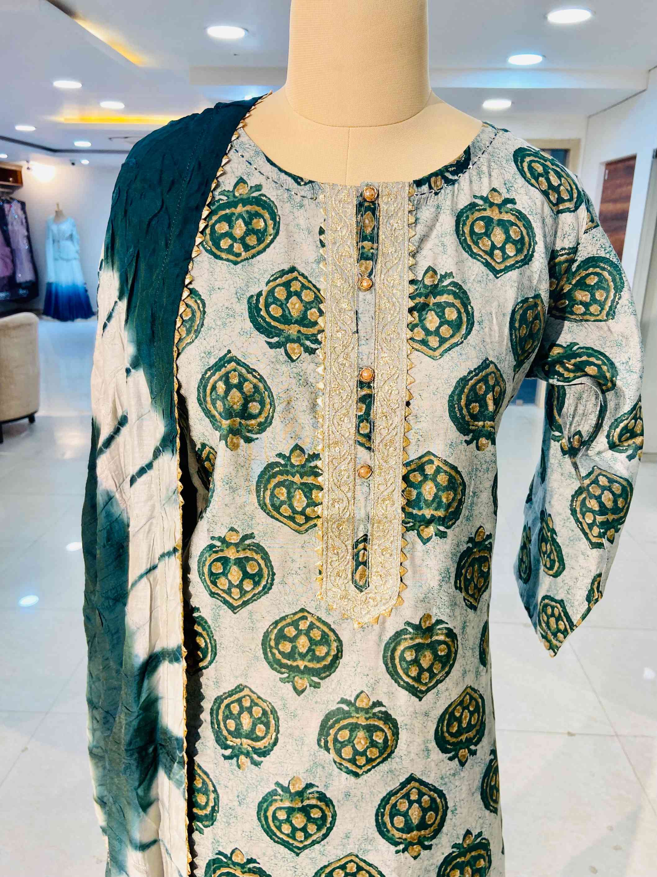 Green Printed Muslin Sharara Set - Daabu Jaipur