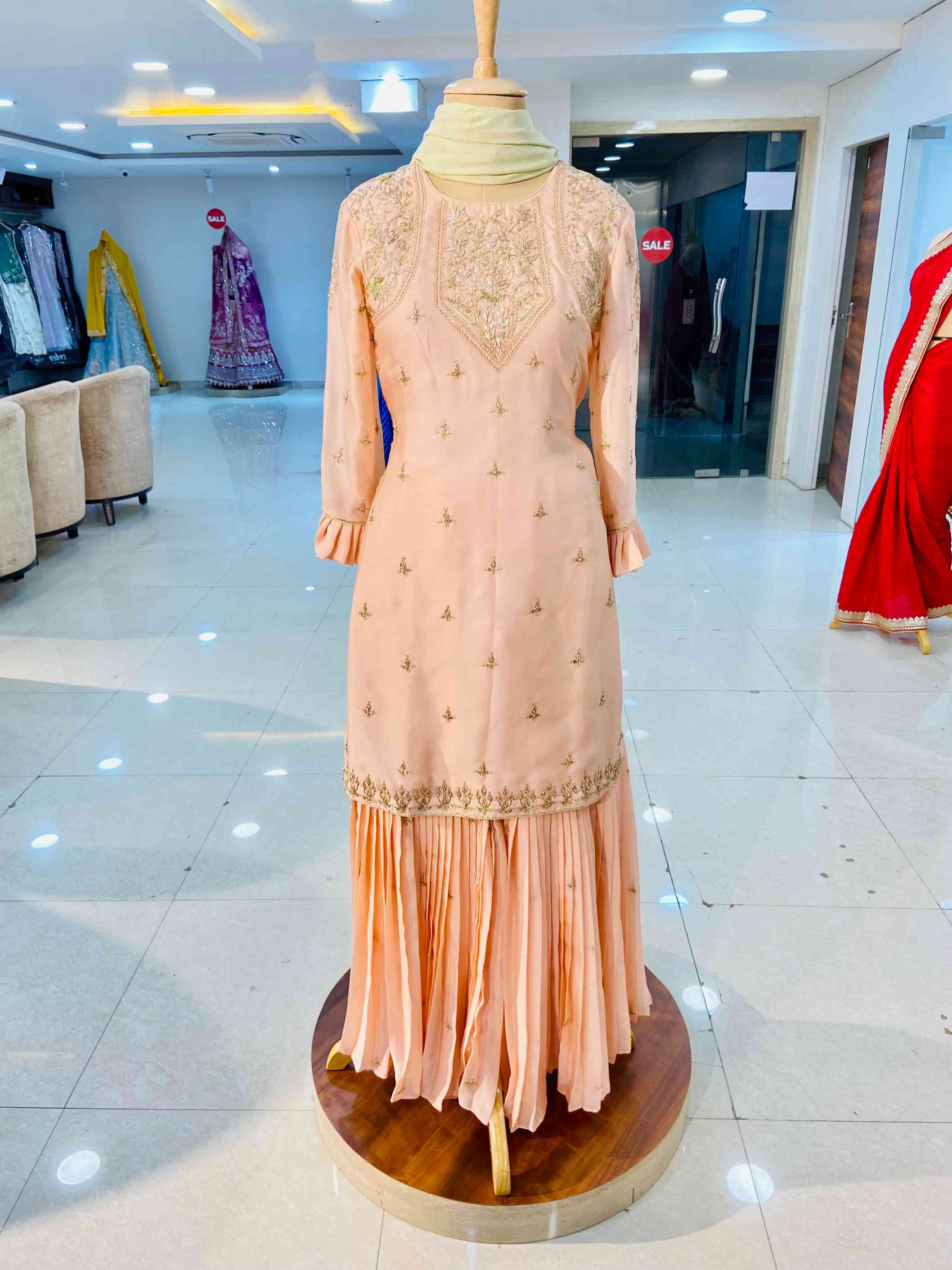 Baby Pink Pure Crepe Sharara Set - Daabu Jaipur