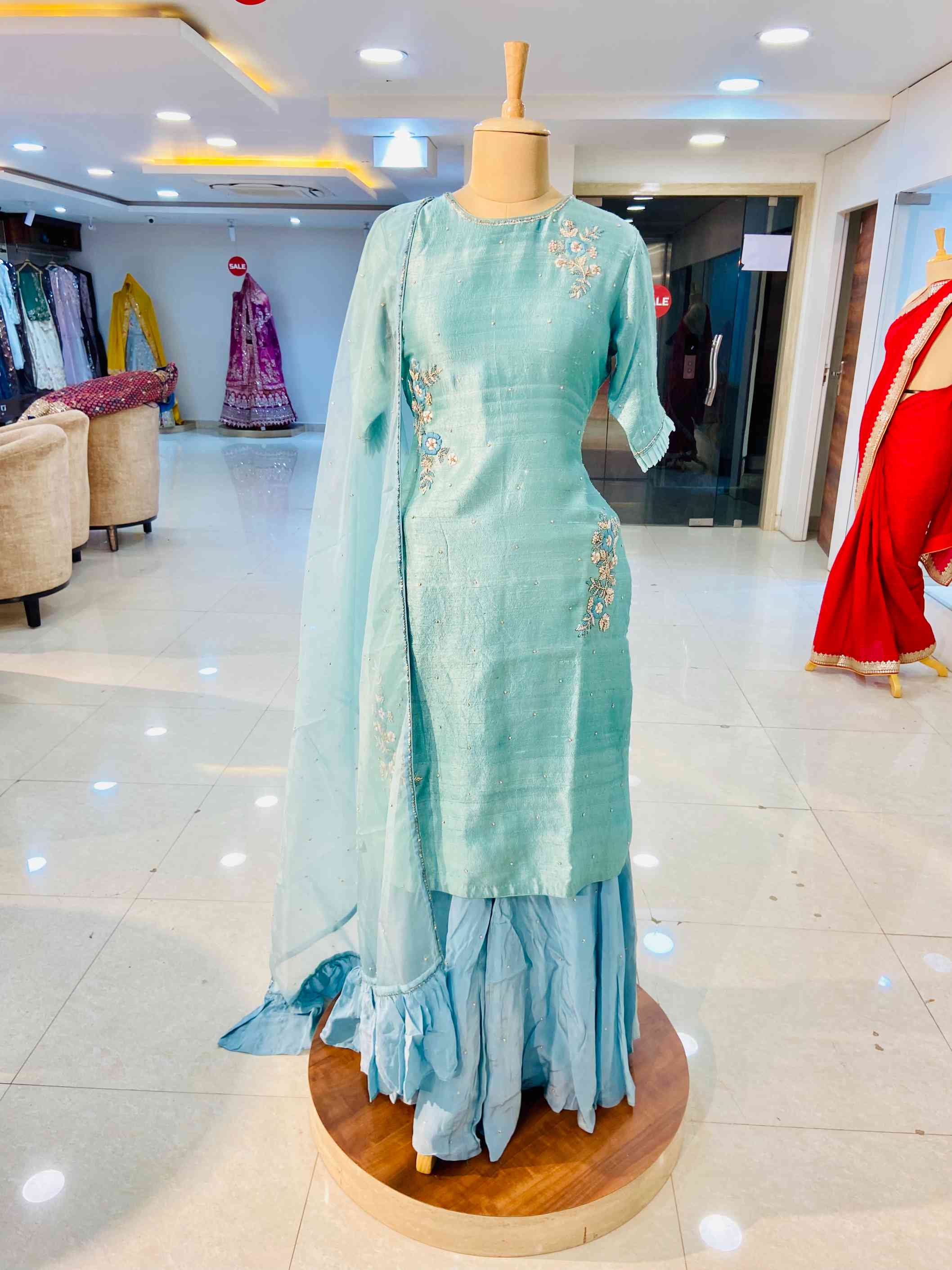 Turquoise Blue Raw Silk Sharara Set - Daabu Jaipur