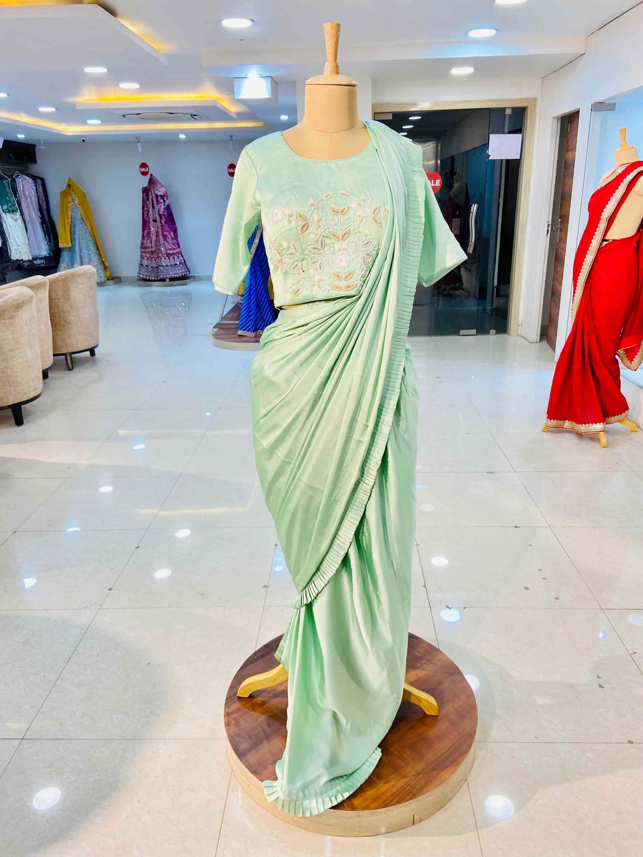 Mint Green Pure Crepe Pre Draped Saree - Daabu Jaipur