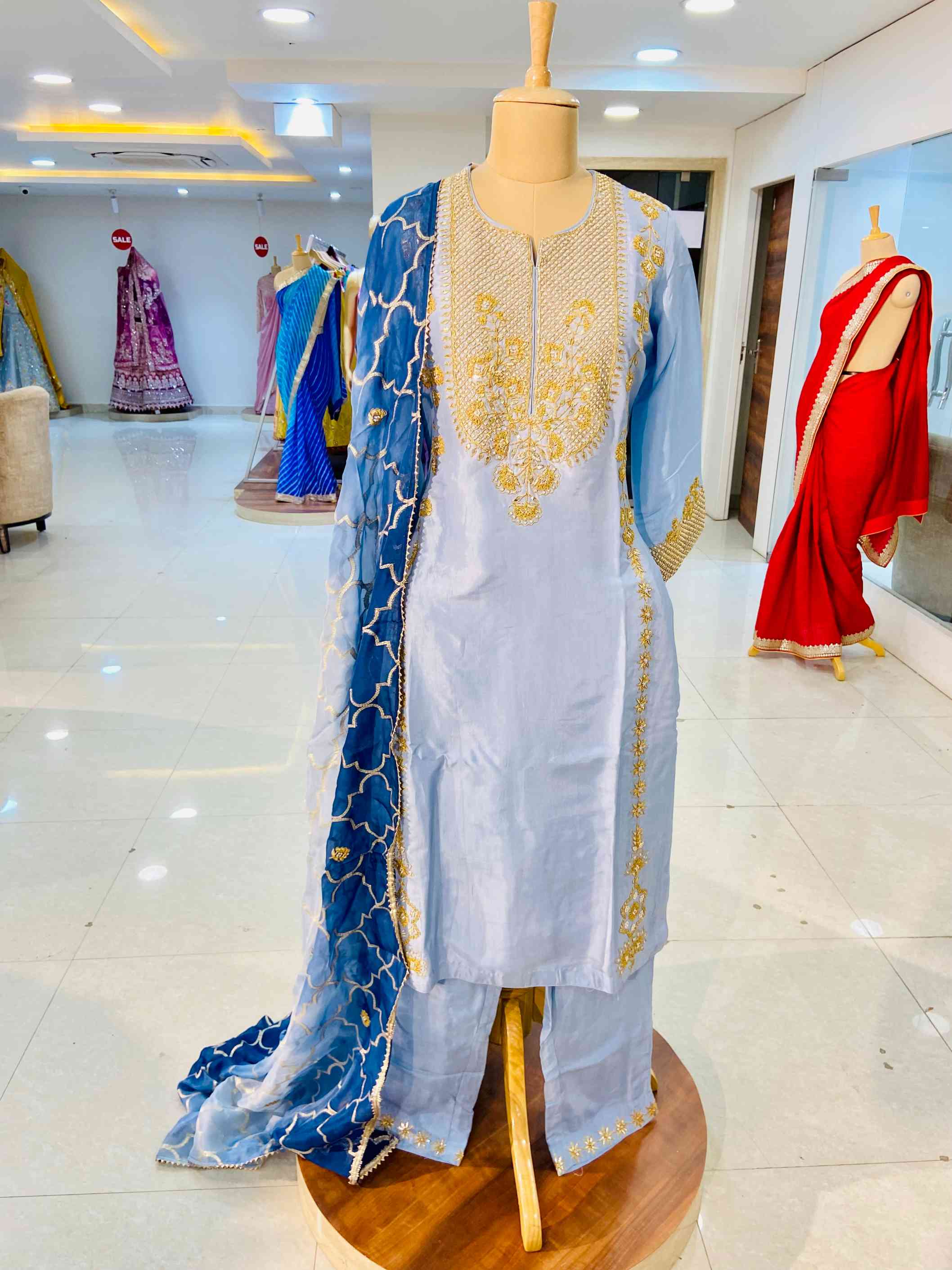 Royal Blue Pure Muslin Suit - Daabu Jaipur