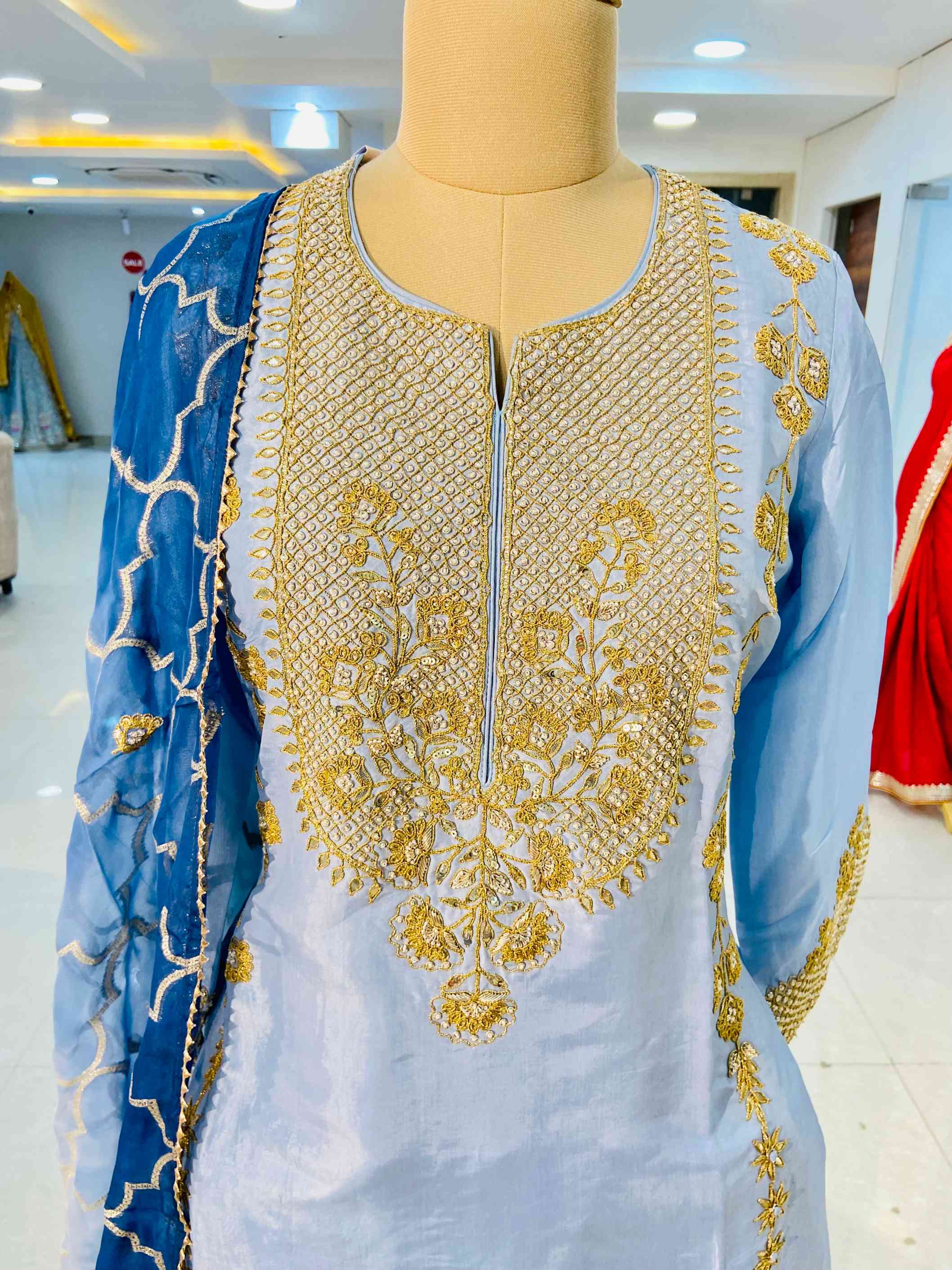 Royal Blue Pure Muslin Suit - Daabu Jaipur