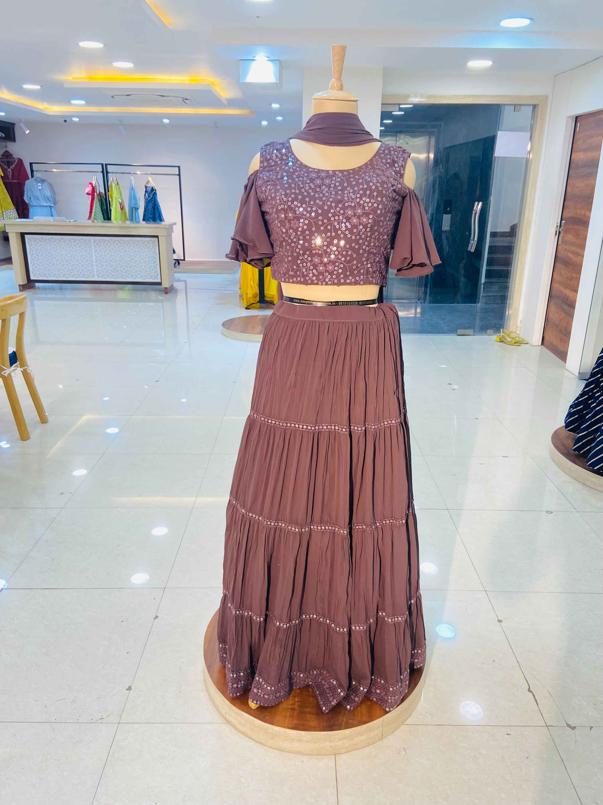 Brown Georgette Crop Top With Skirt And Dupatta - Daabu Jaipur