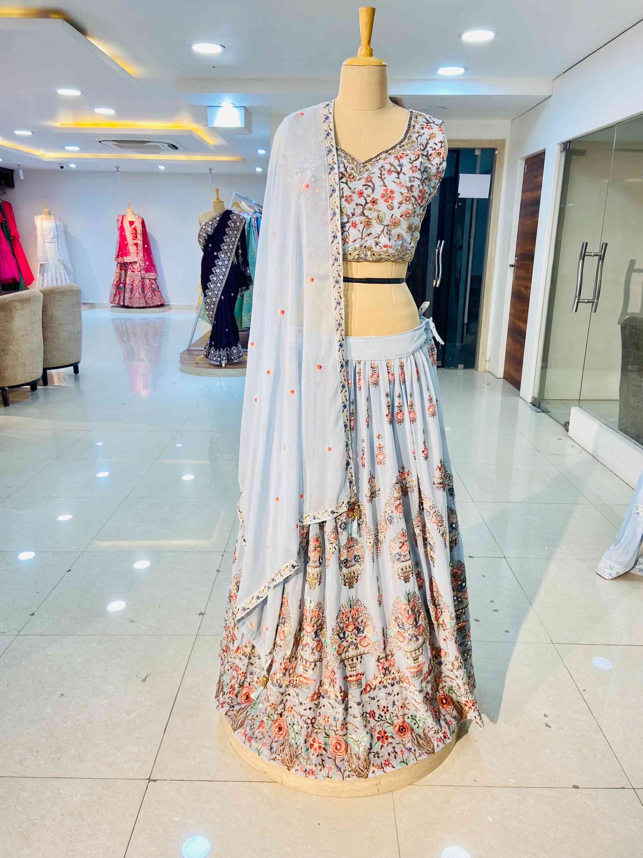 Light Blue Georgette Lehenga Set - Daabu Jaipur