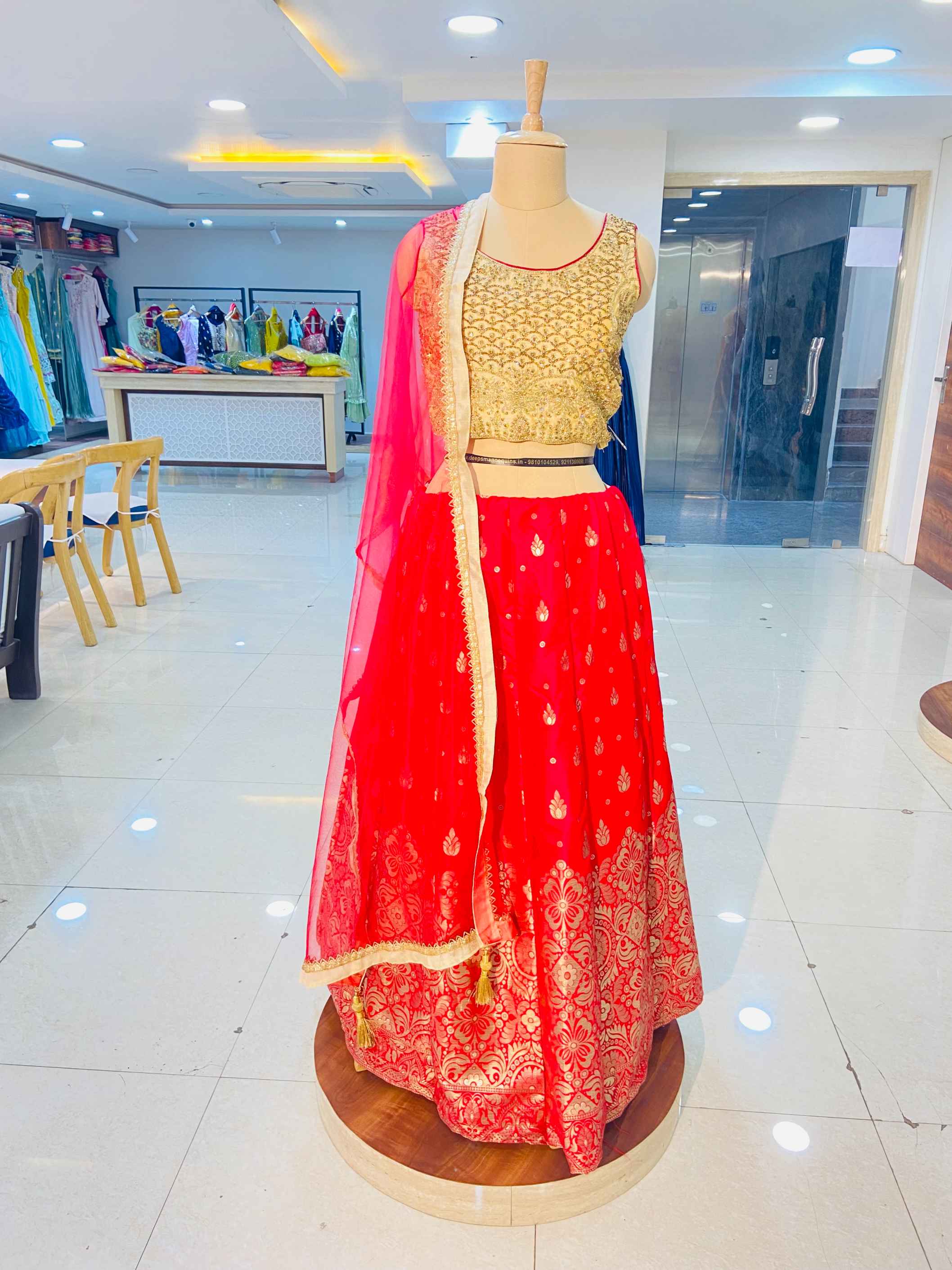 Sand Beige Crop Top With Banarasi Lehenga Set - Daabu Jaipur