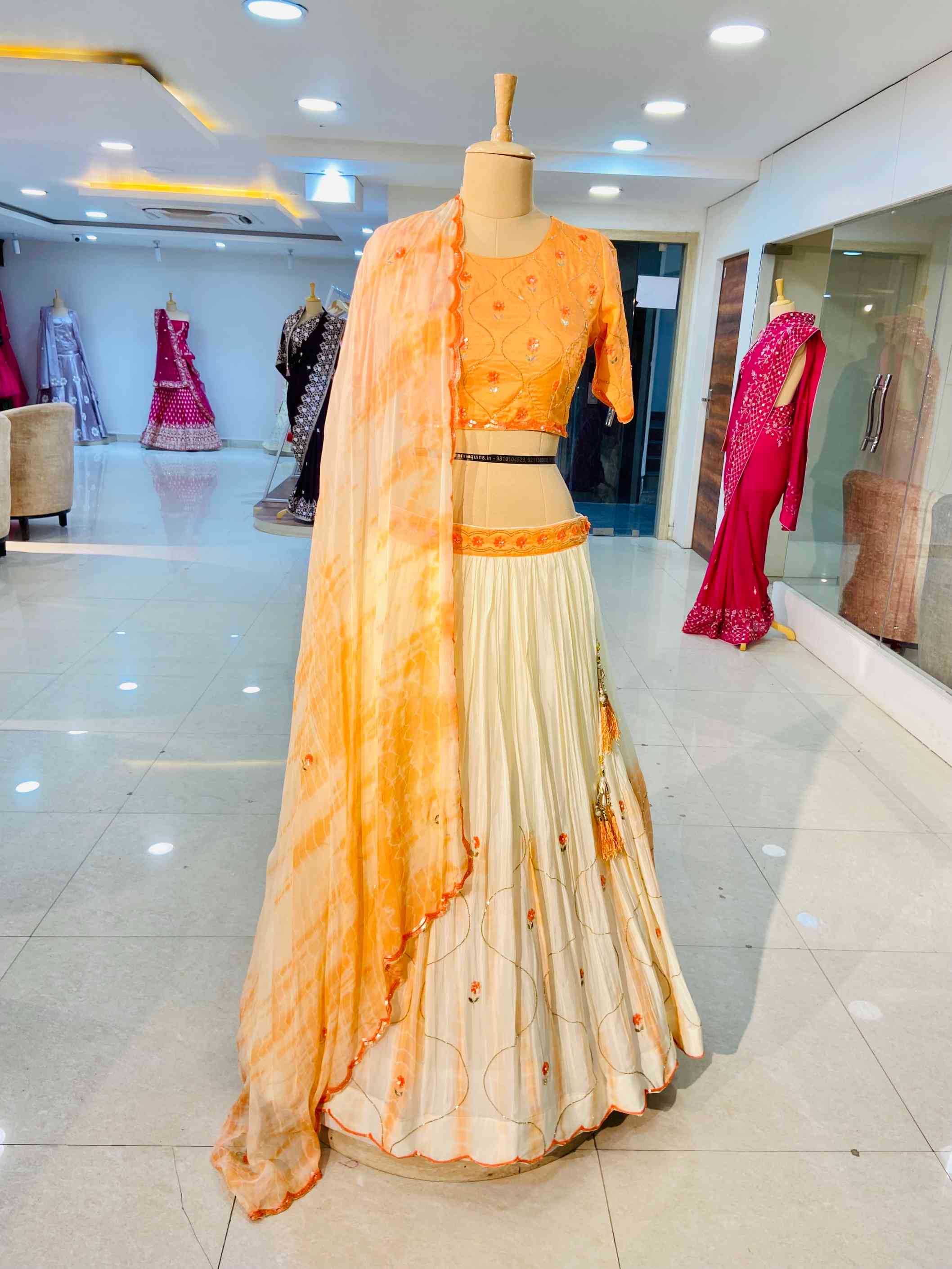 Orange Pure Crepe Lehenga Set - Daabu Jaipur