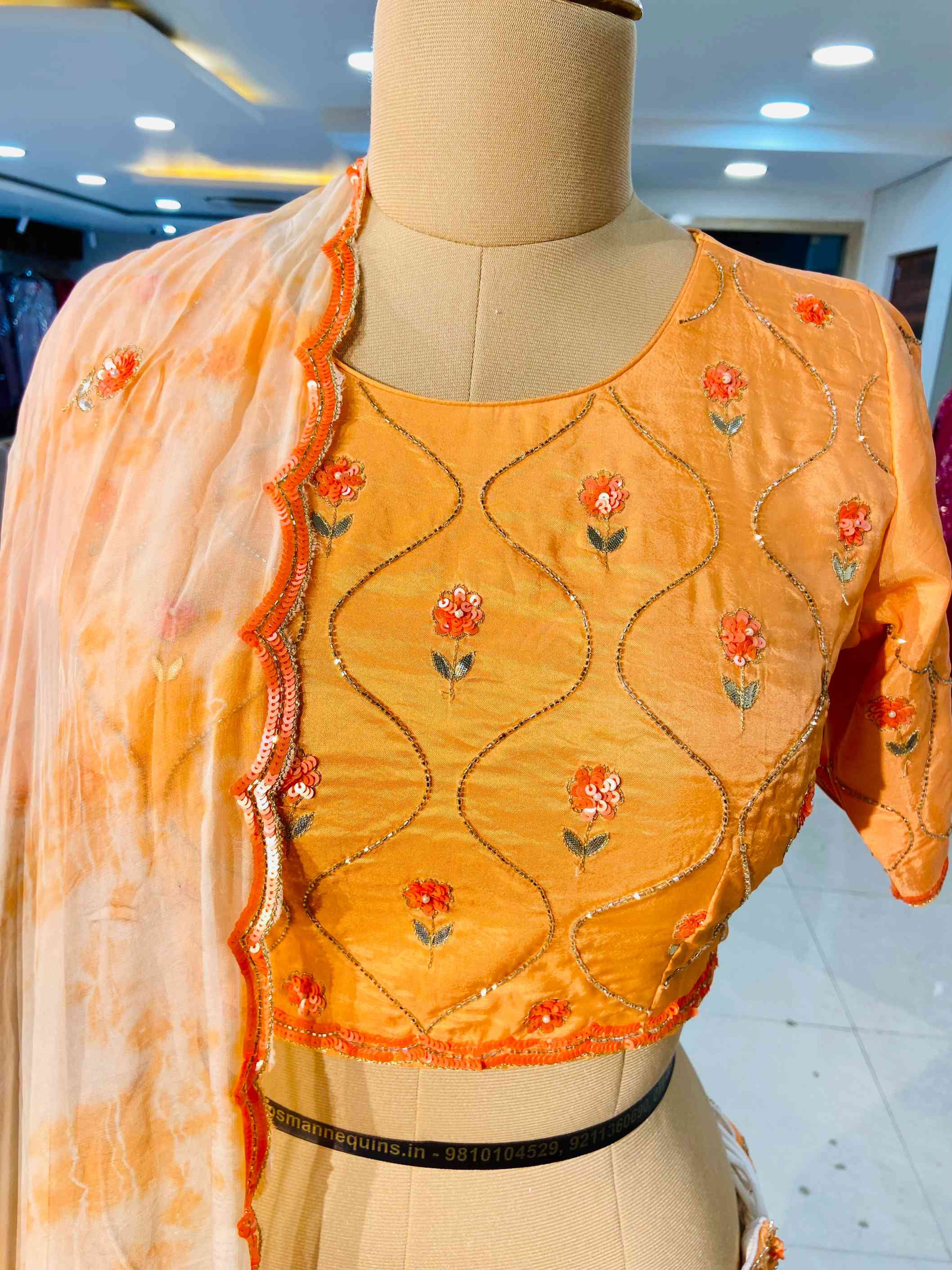 Orange Pure Crepe Lehenga Set - Daabu Jaipur