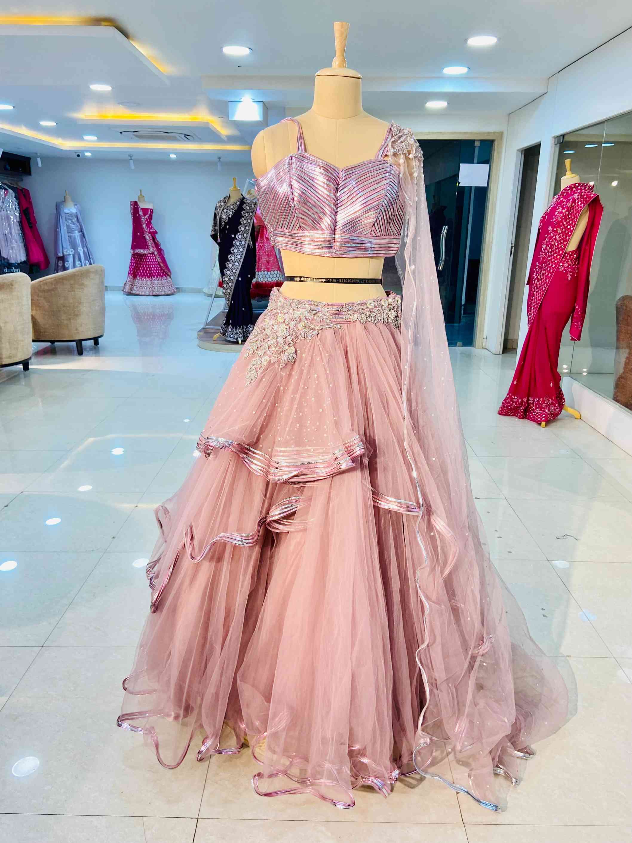 Salmon Pink Net Lehenga Set - Daabu Jaipur