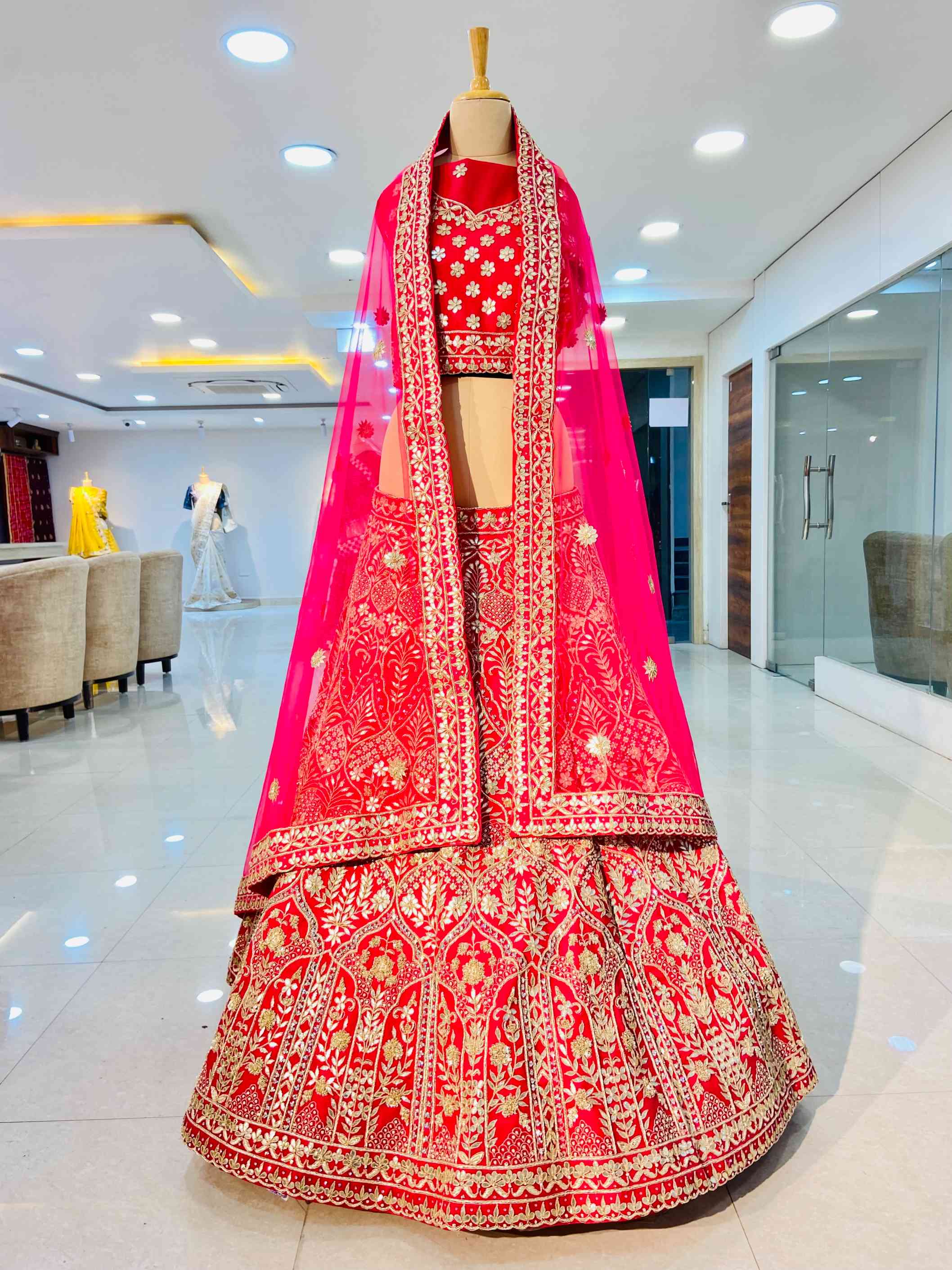 Pure Silk Gotta Patti Work Bridal Lehenga - Daabu Jaipur