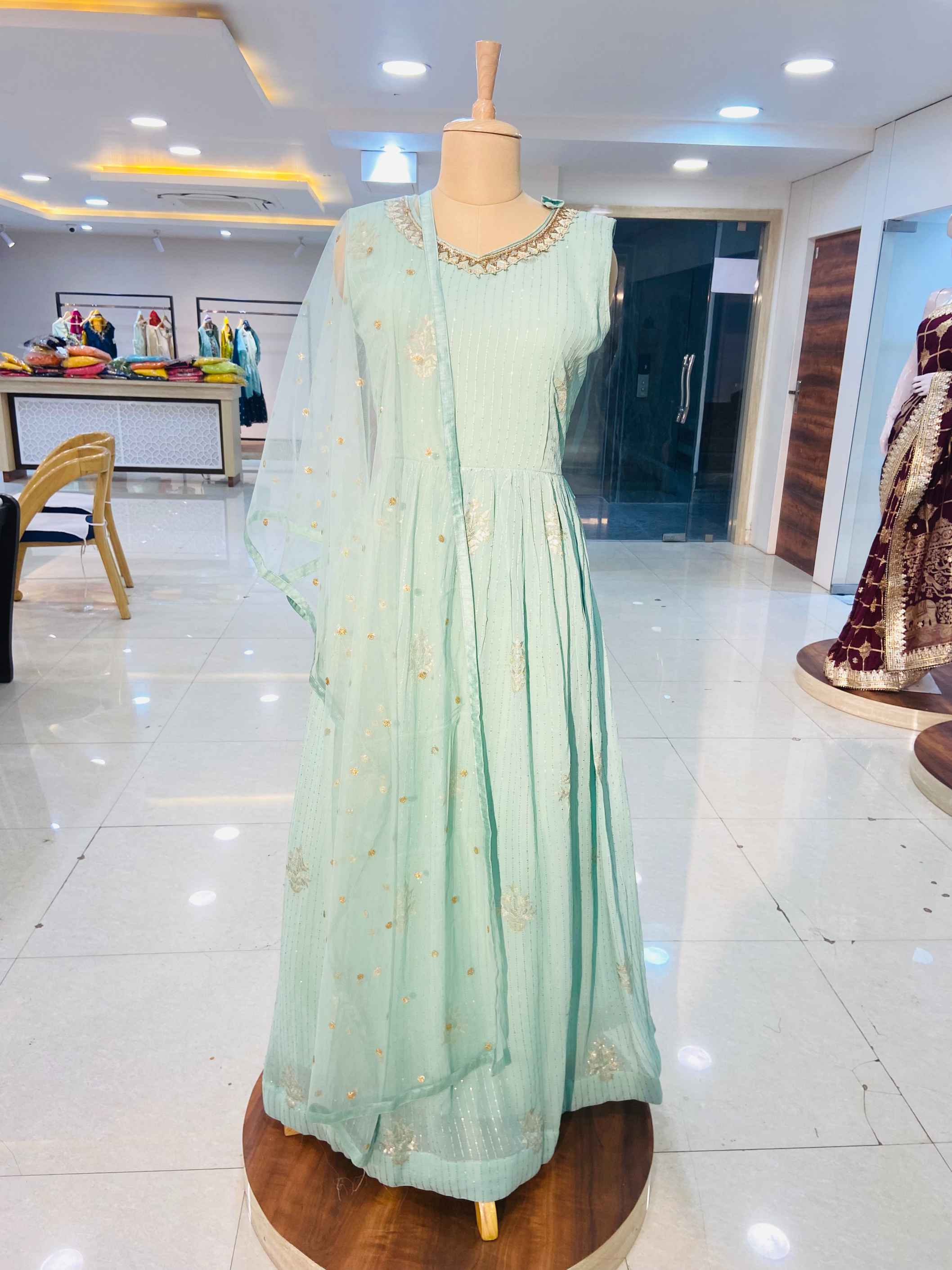 Light Green Sequinned Georgette Gown - Daabu Jaipur