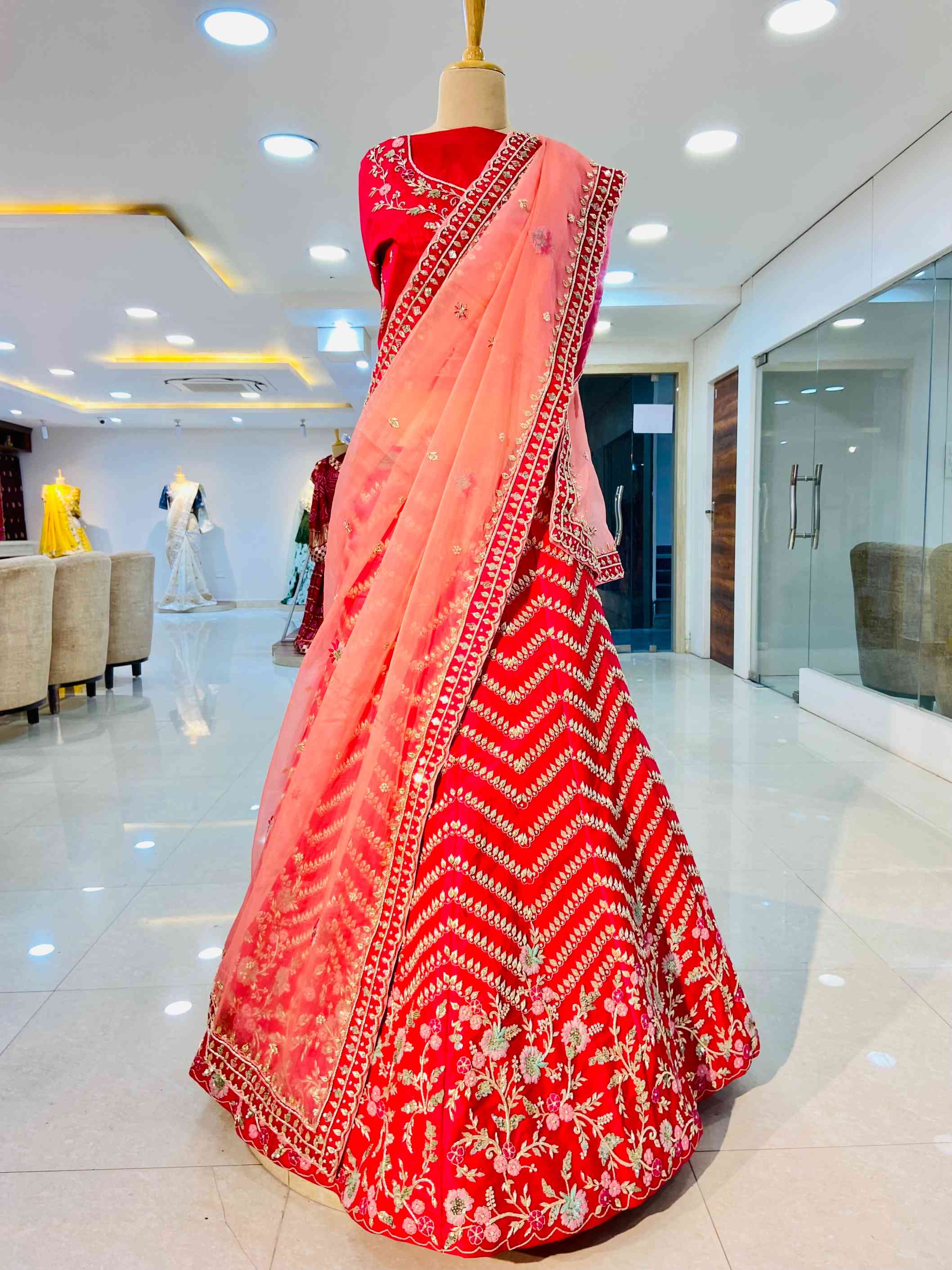 Raw Silk Zardozi, Thread Work Bridal Lehenga - Daabu Jaipur