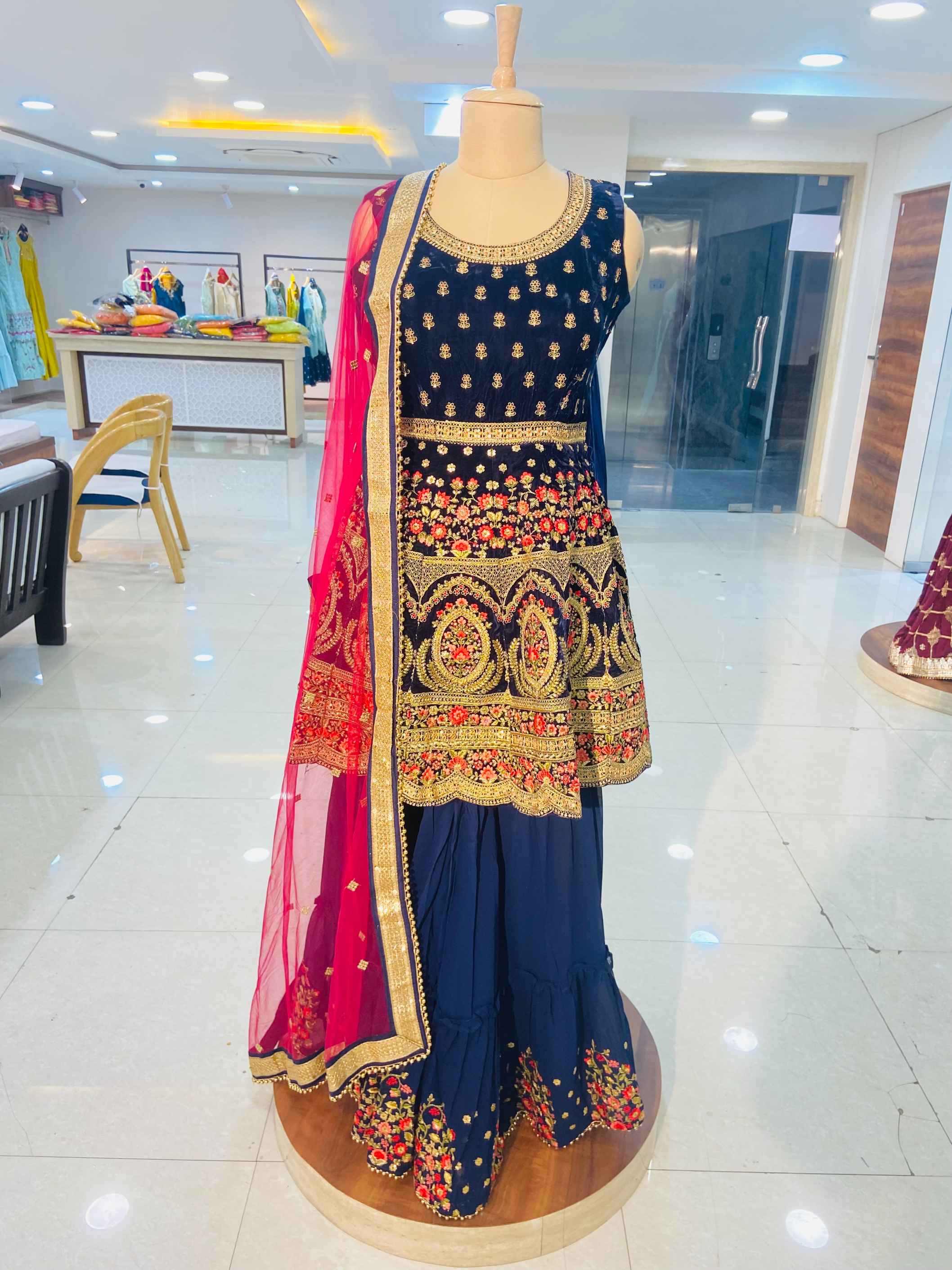 Navy Blue Velvet Peplum Sharara Set - Daabu Jaipur