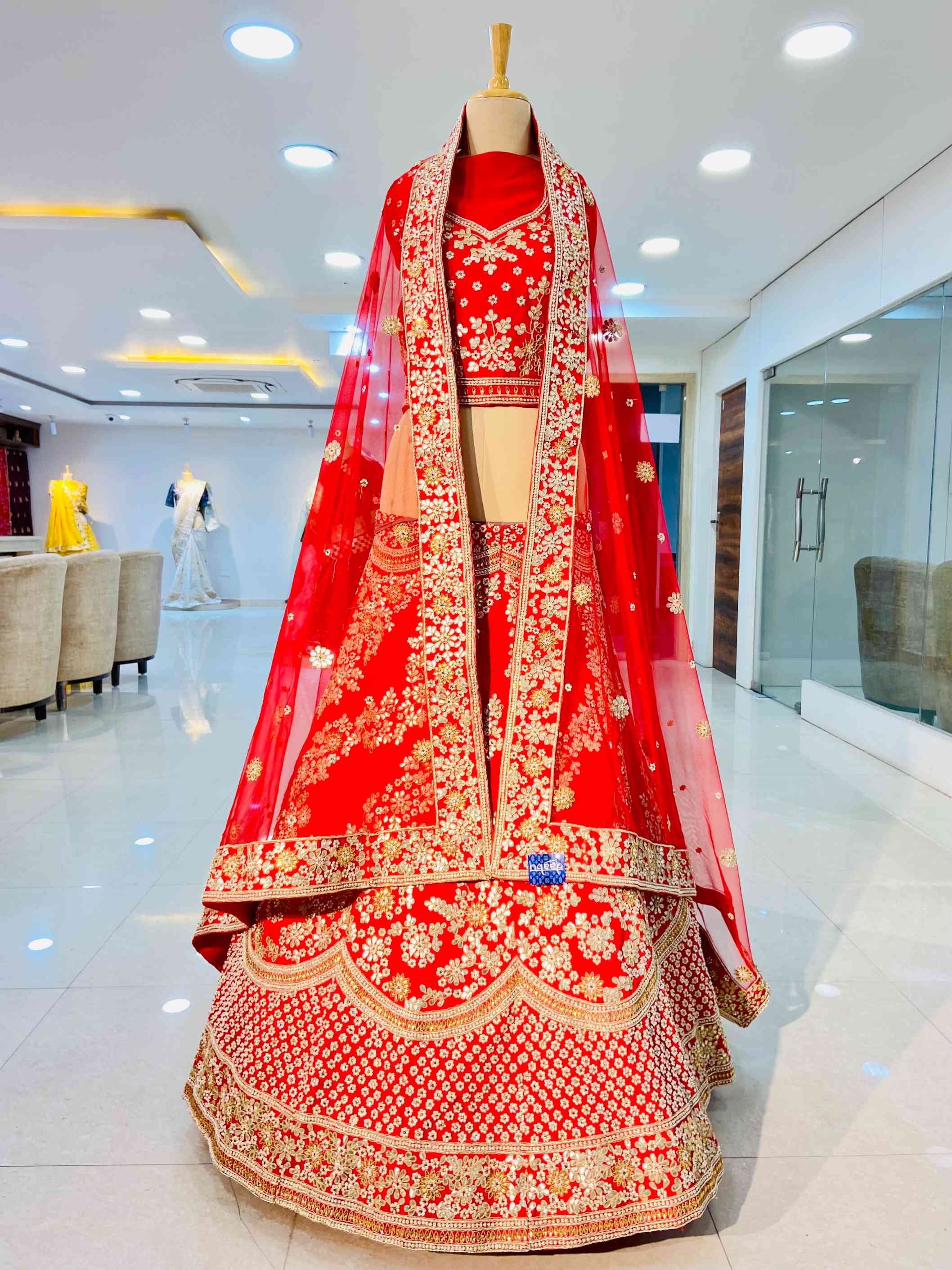 Raw Silk Zardozi, Kundan, Gotta Patti Work Bridal Lehenga - Daabu Jaipur