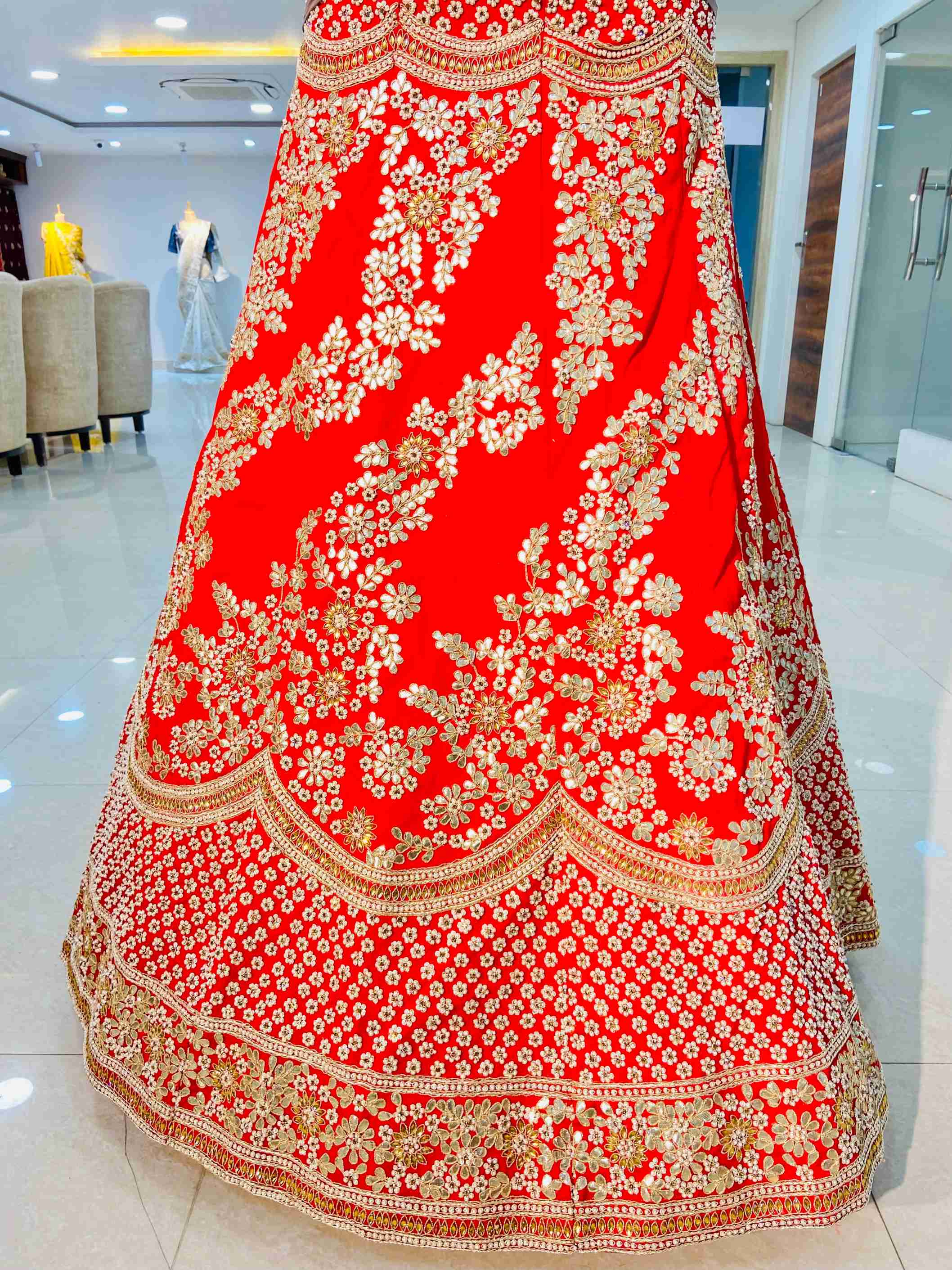 Raw Silk Zardozi, Kundan, Gotta Patti Work Bridal Lehenga - Daabu Jaipur