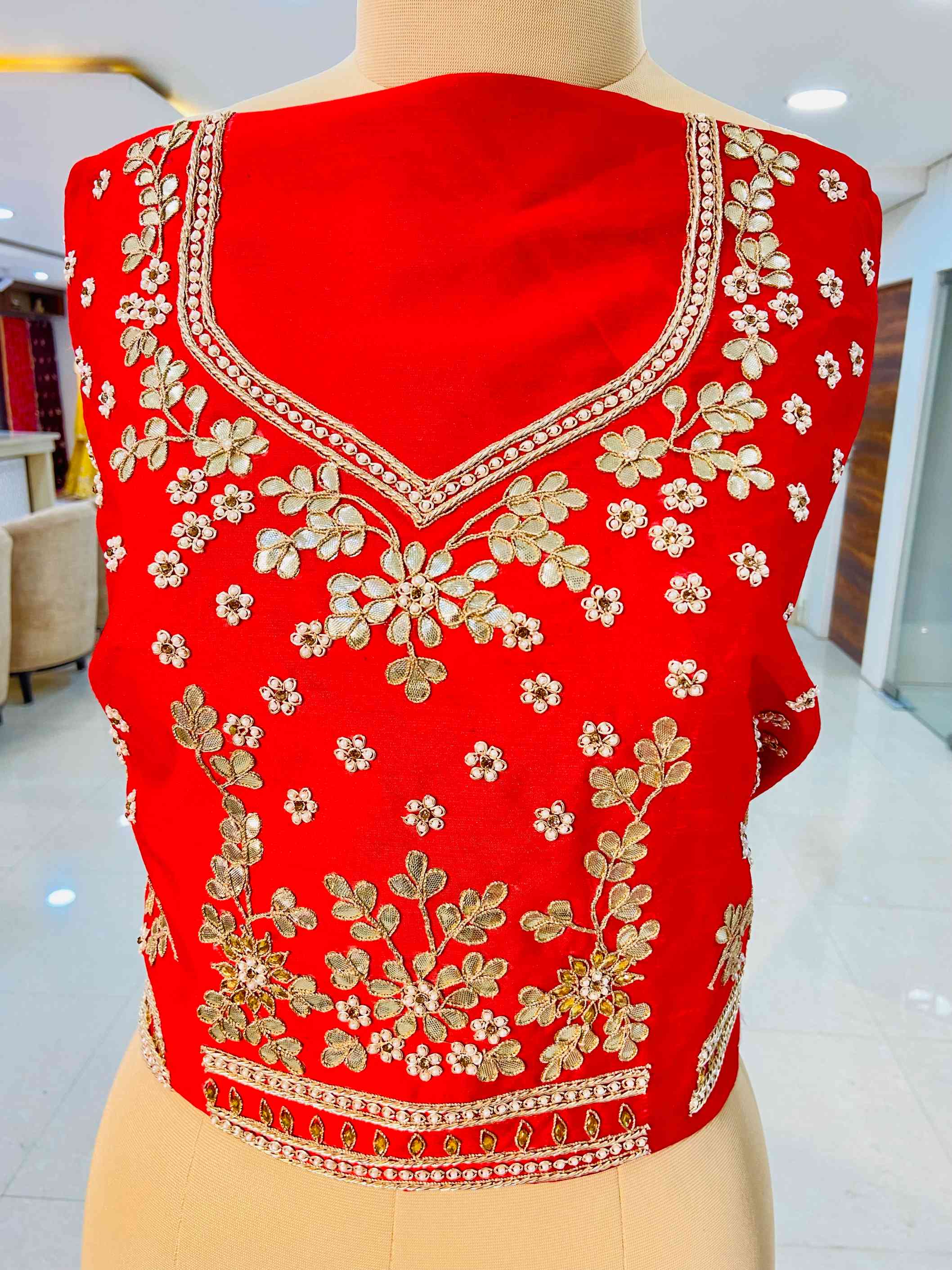 Raw Silk Zardozi, Kundan, Gotta Patti Work Bridal Lehenga - Daabu Jaipur