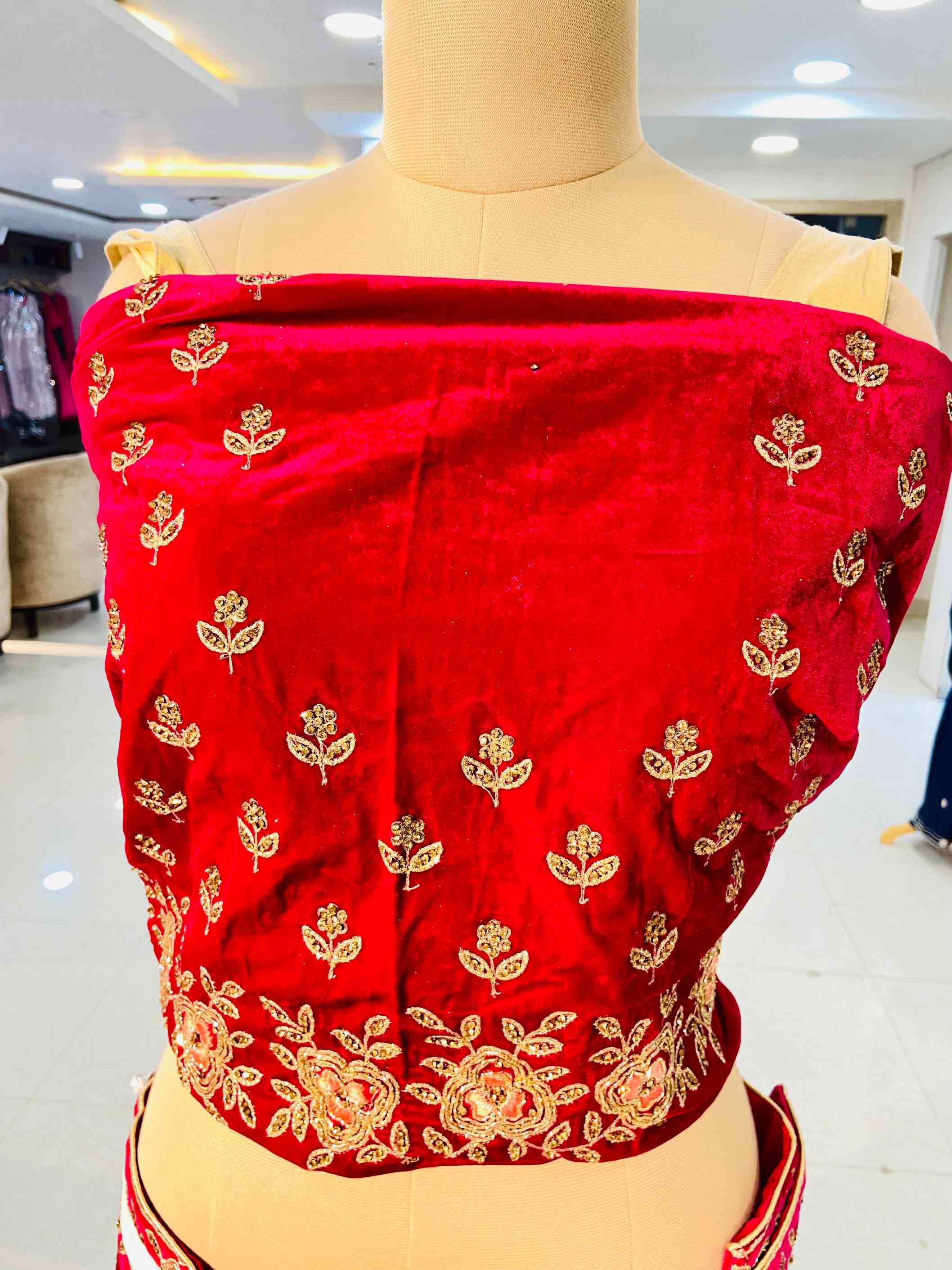 Dark Red Velvet Semi Bridal Lehenga - Daabu Jaipur