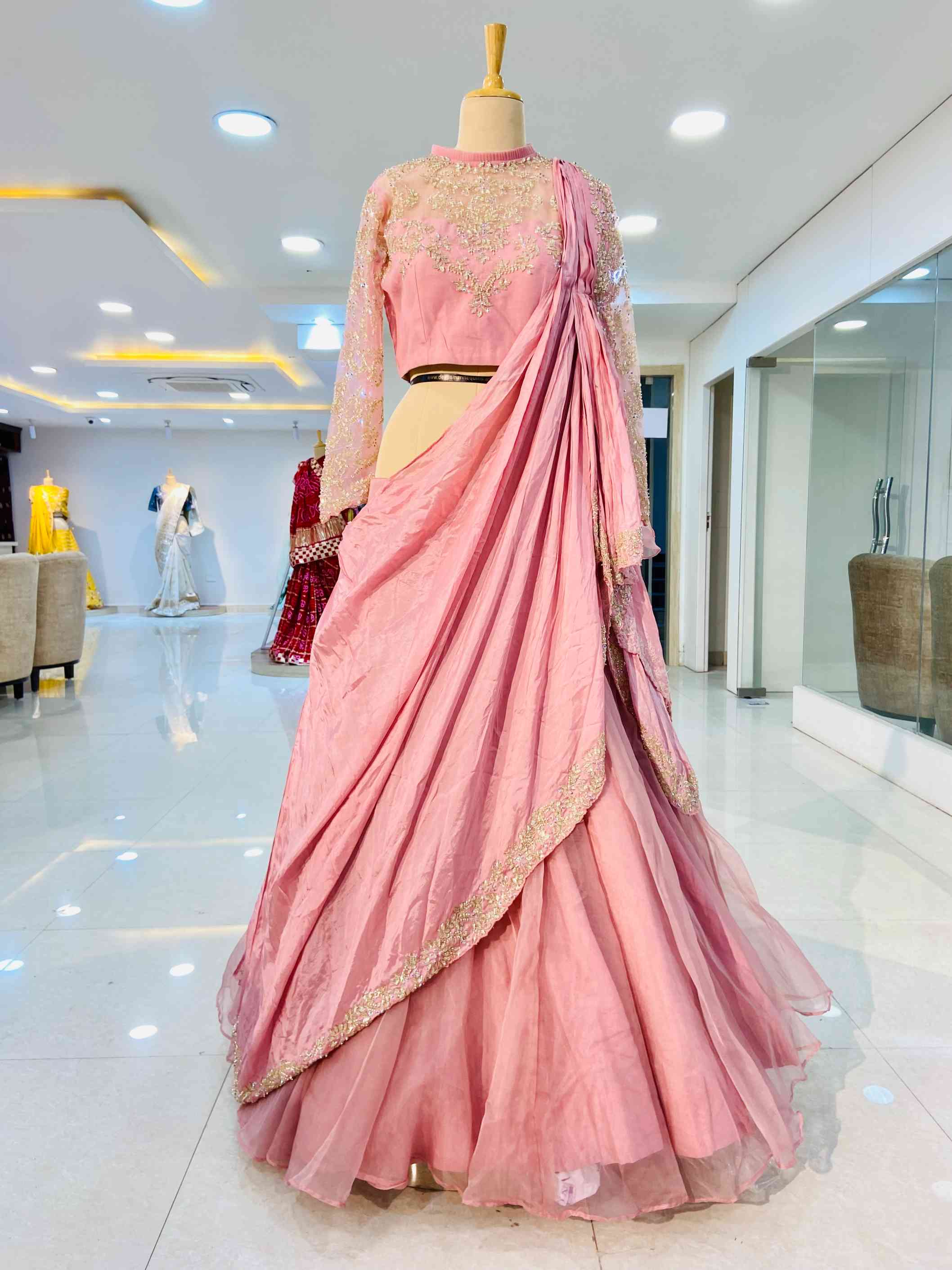 Baby Pink Organza Skirt Top With Attached Dupatta - Daabu Jaipur