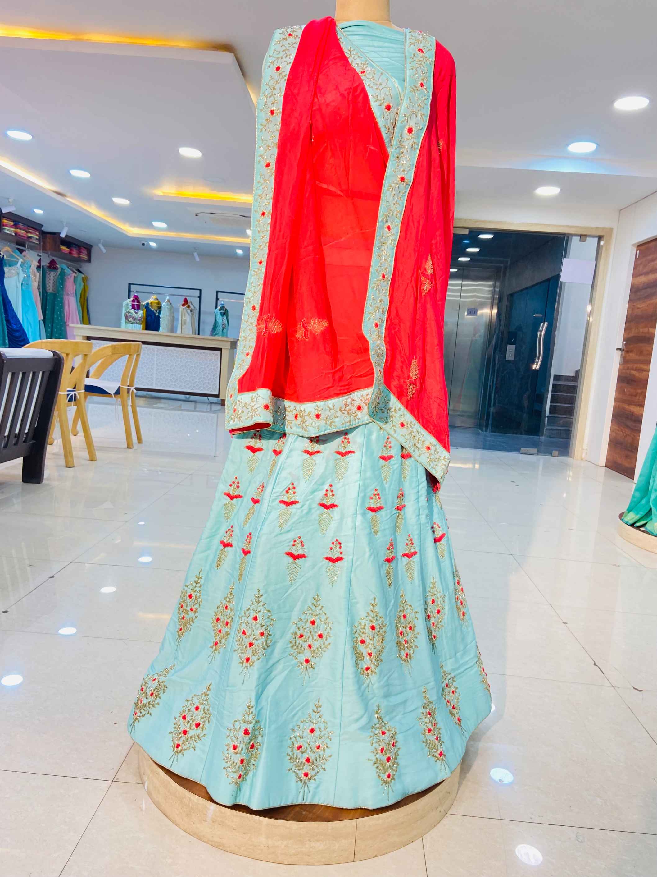 Cyan Blue Crepe Silk Lehenga - Daabu Jaipur