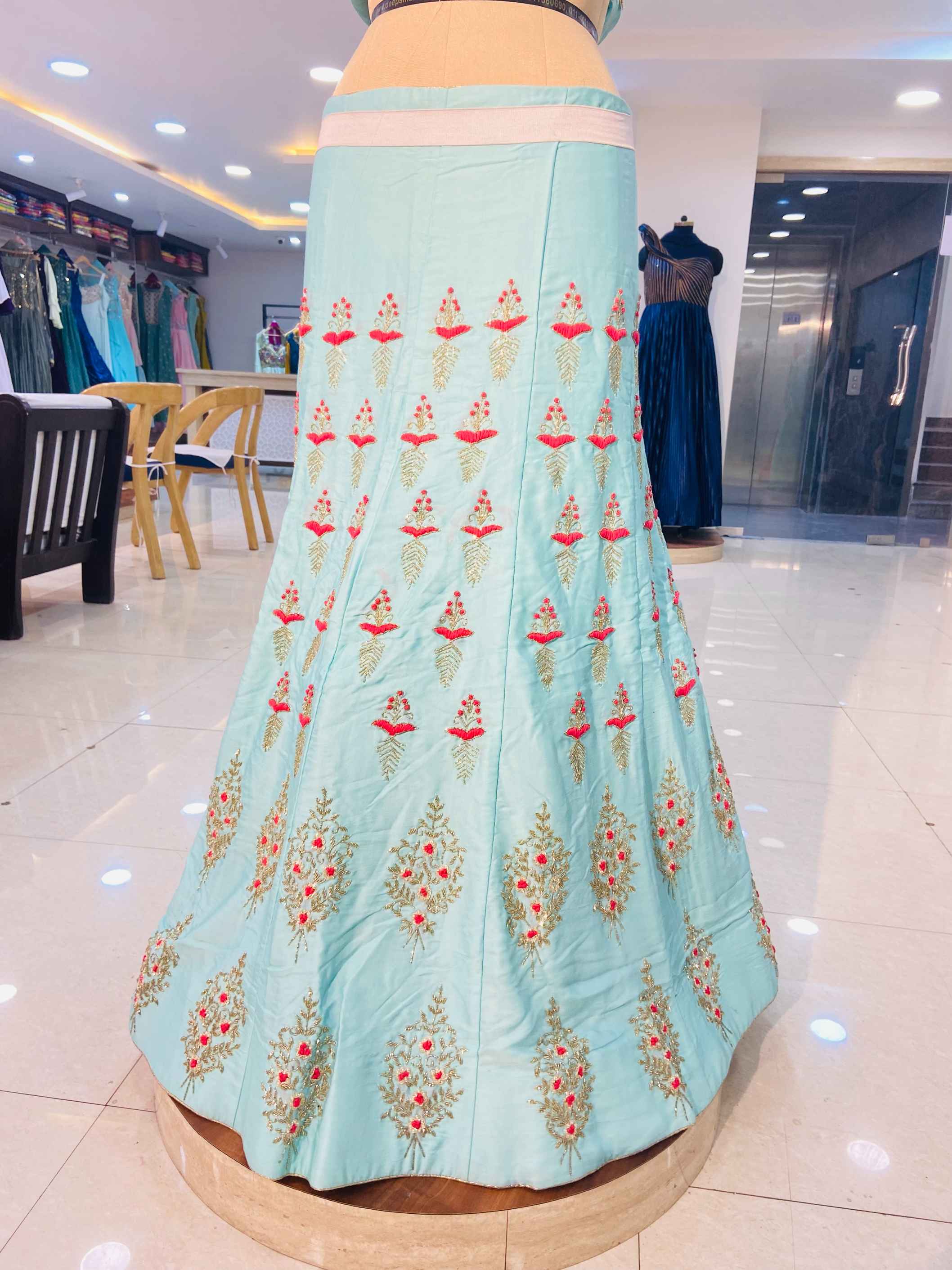 Cyan Blue Crepe Silk Lehenga - Daabu Jaipur