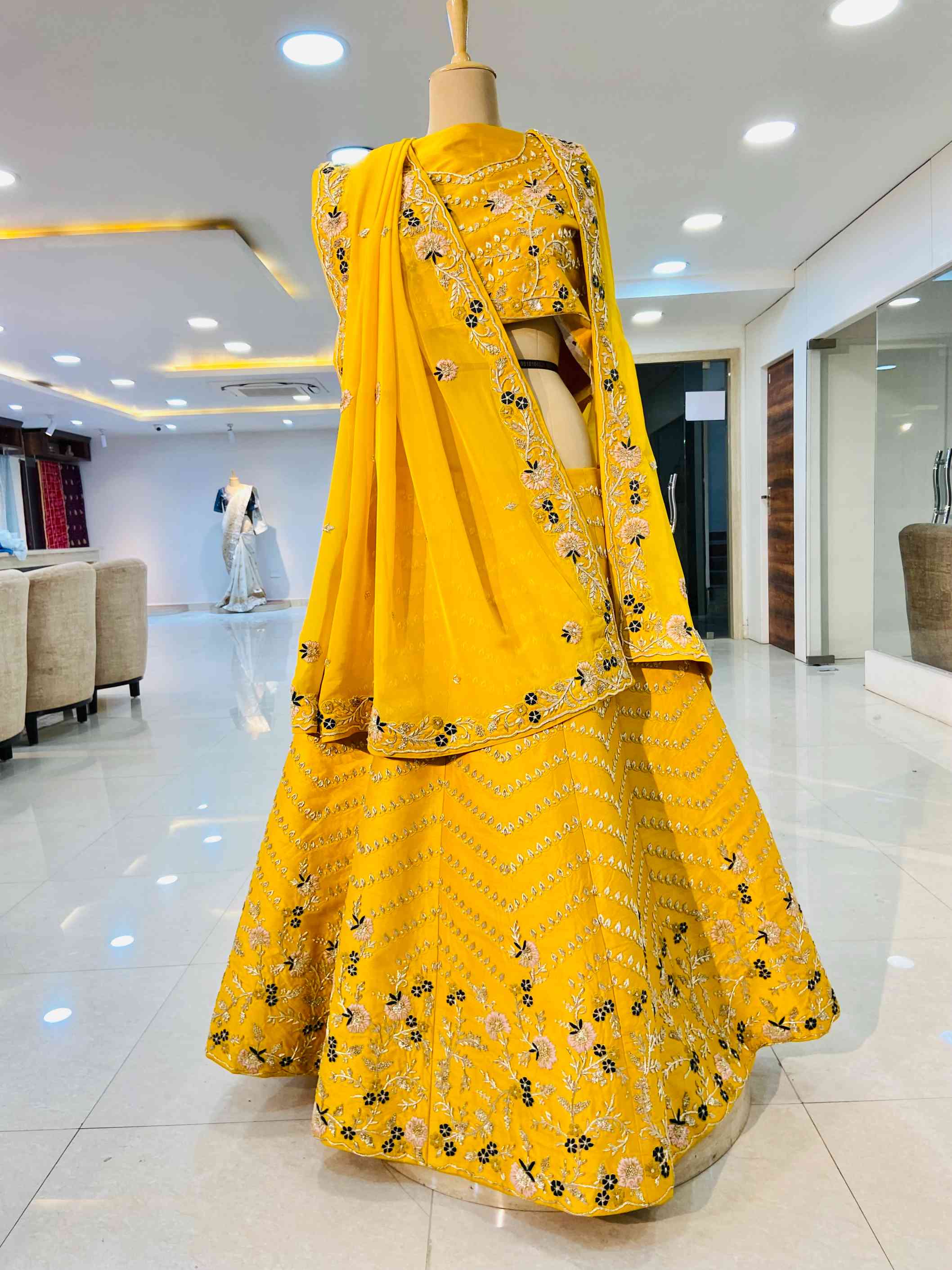 Mustard Raw Silk Zardozi Work Lehenga - Daabu Jaipur