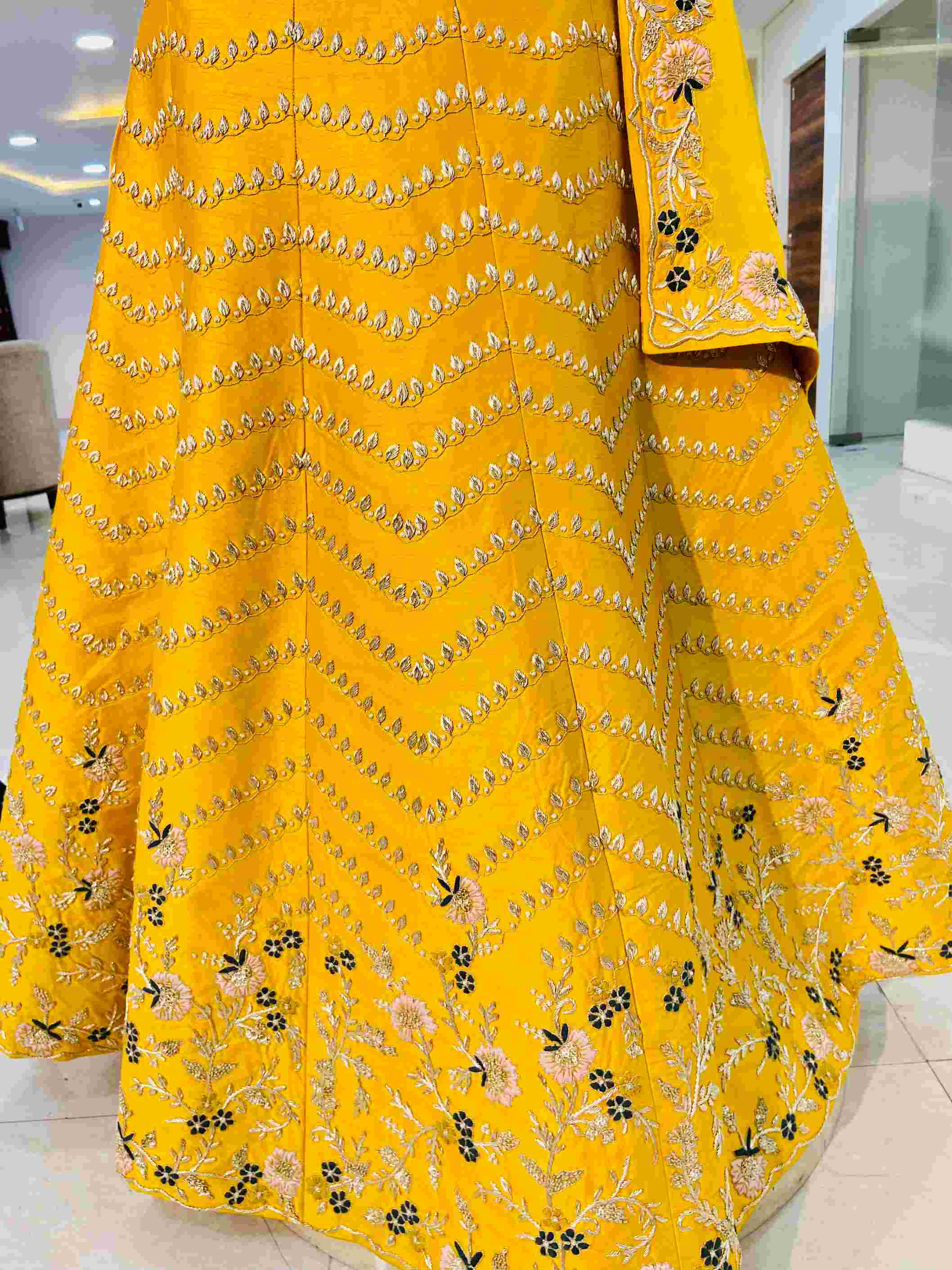 Mustard Raw Silk Zardozi Work Lehenga - Daabu Jaipur