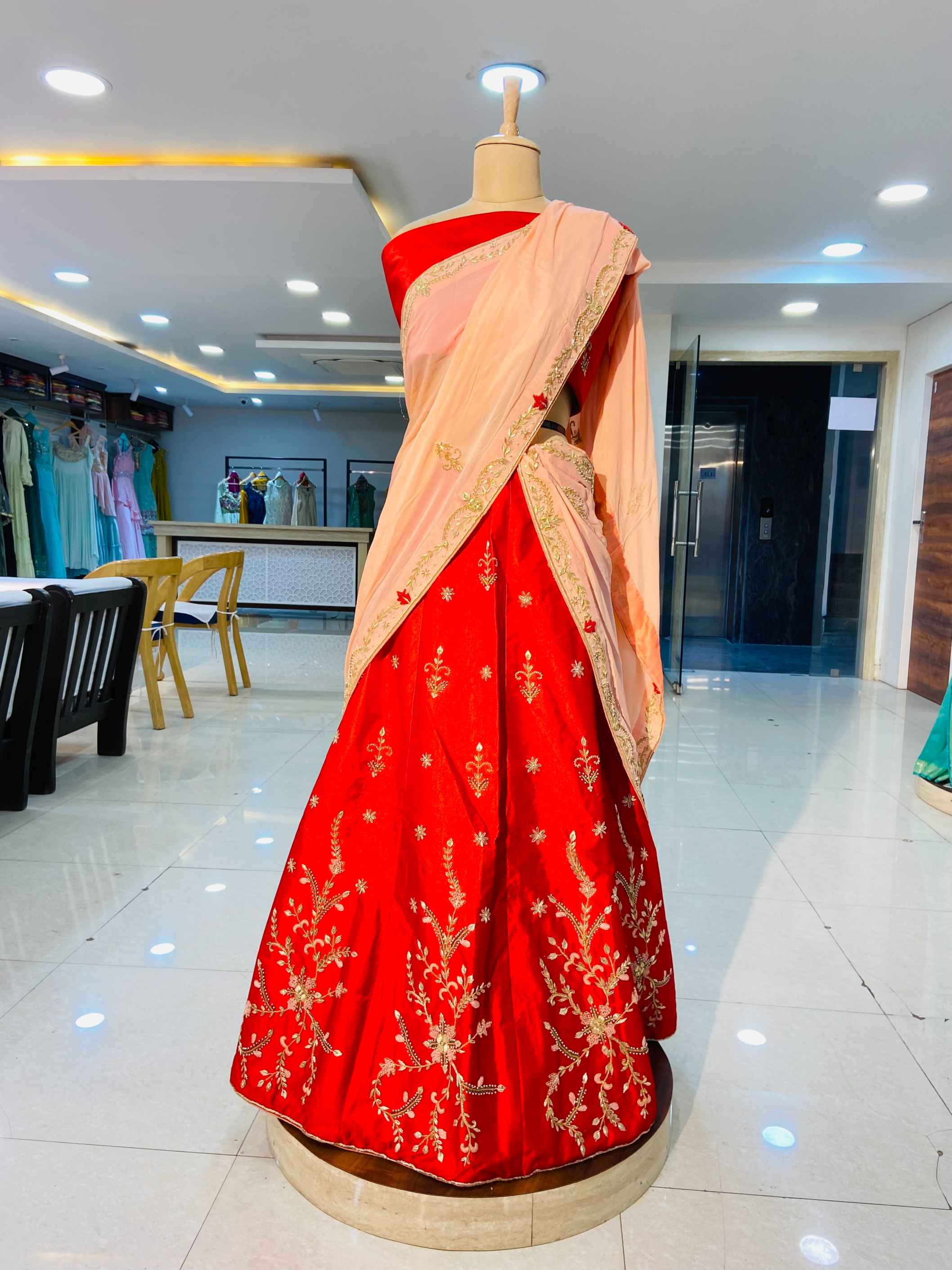 Red Zardozi Work Raw Silk Lehenga - Daabu Jaipur