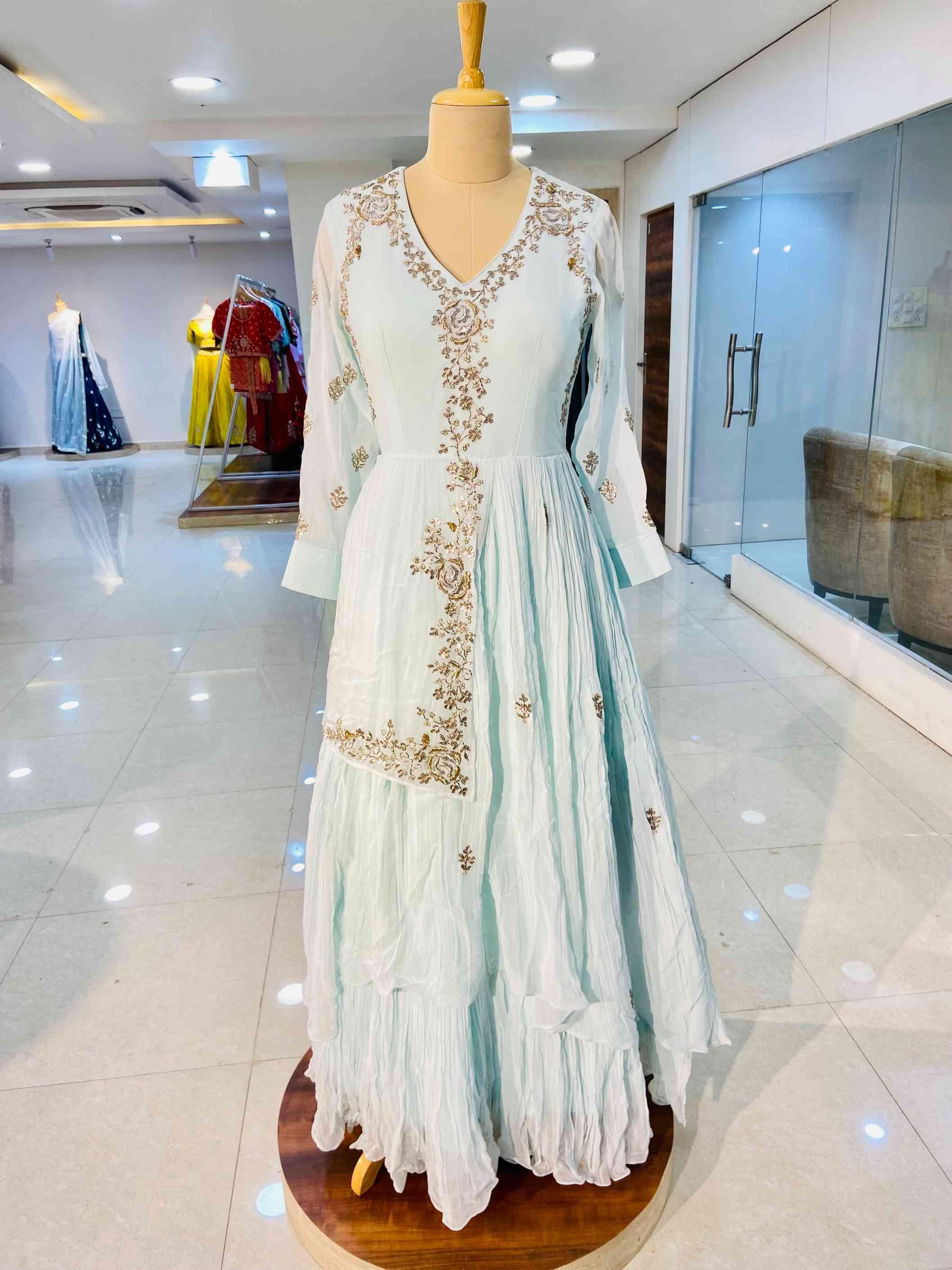 Baby Blue Pure Georgette Gown - Daabu Jaipur