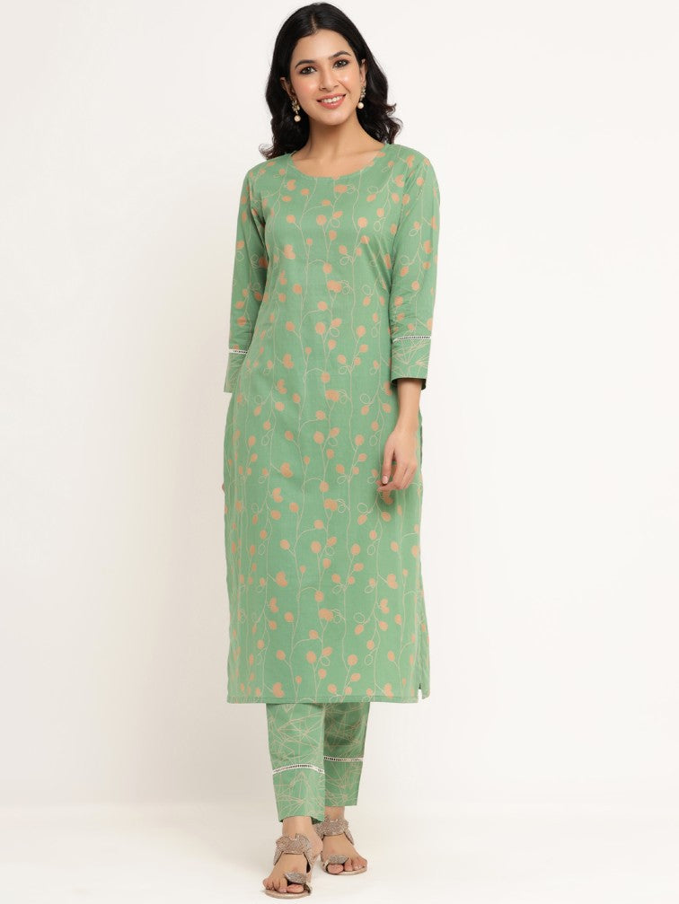 Green & Peach-Coloured Screen Printed Pure Cotton Kurta with Trousers - Daabu Jaipur