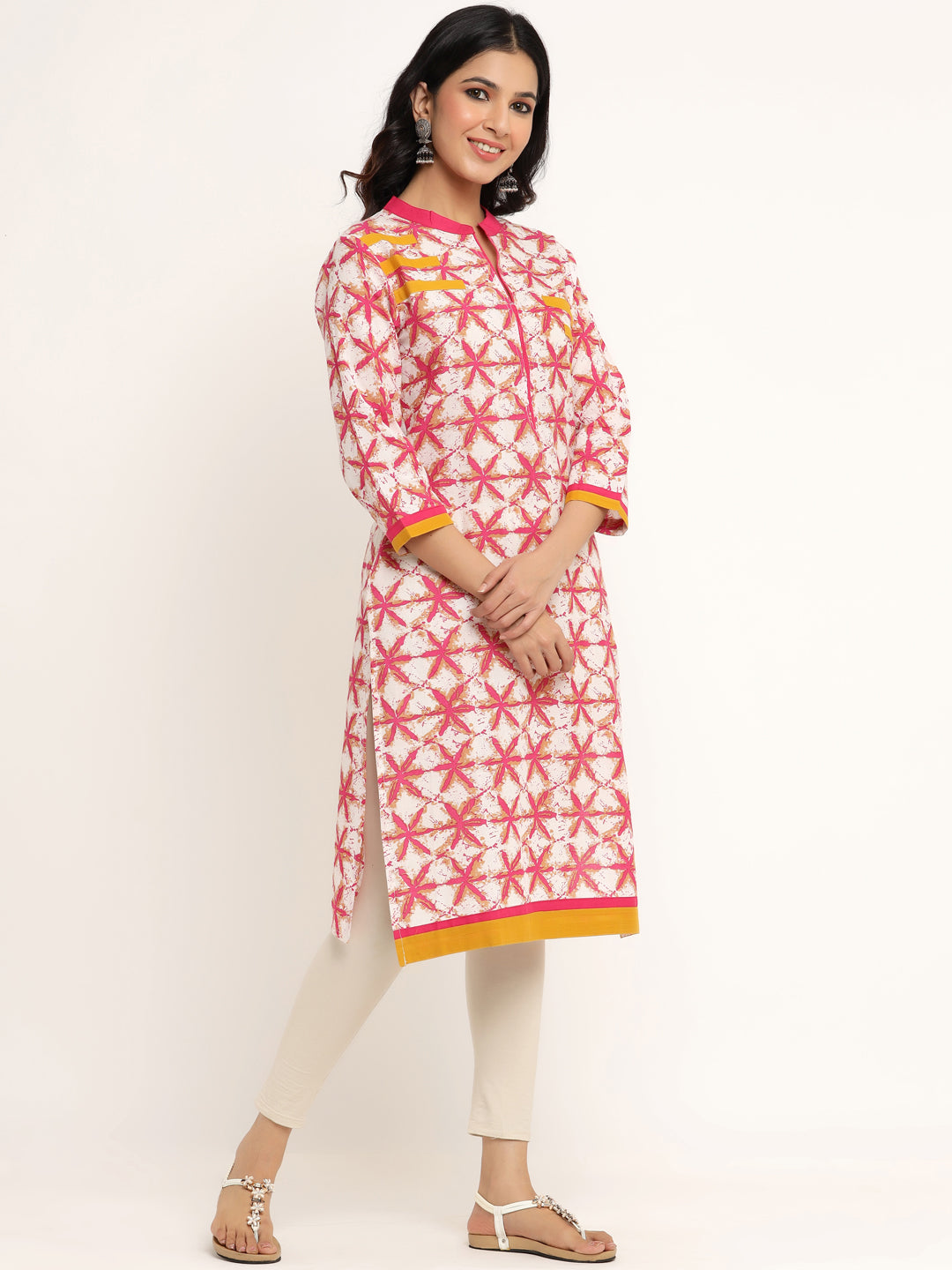 Pink Floral Printed Cotton Kurta