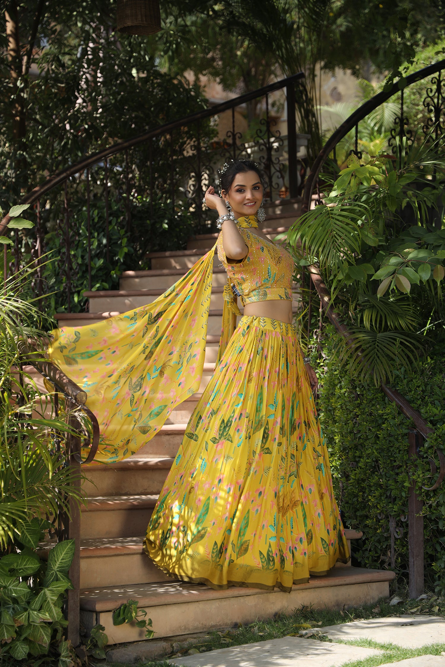 Yellow Ethnic Crepe Silk Skirt Top & Dupatta