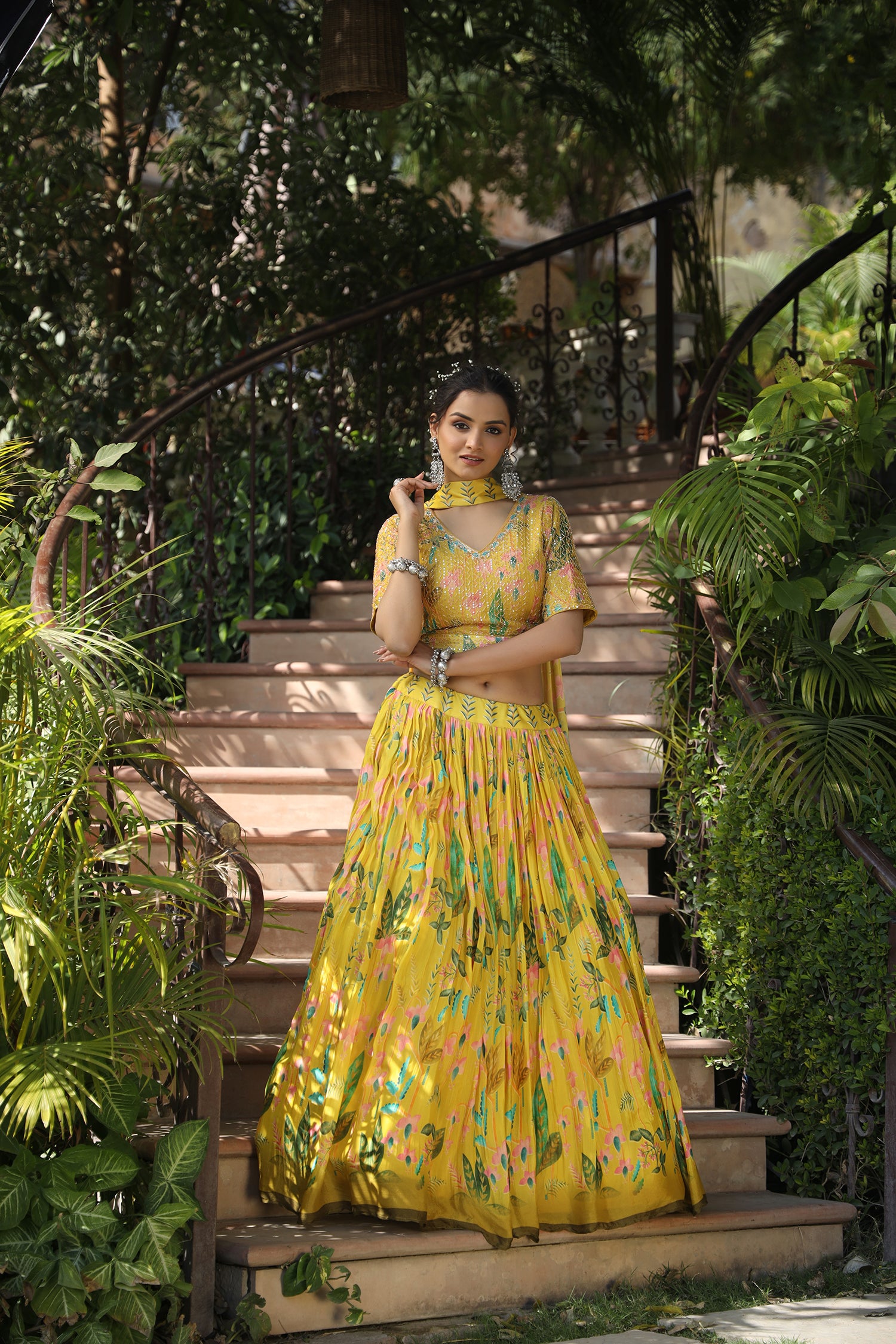 Yellow Ethnic Crepe Silk Skirt Top & Dupatta