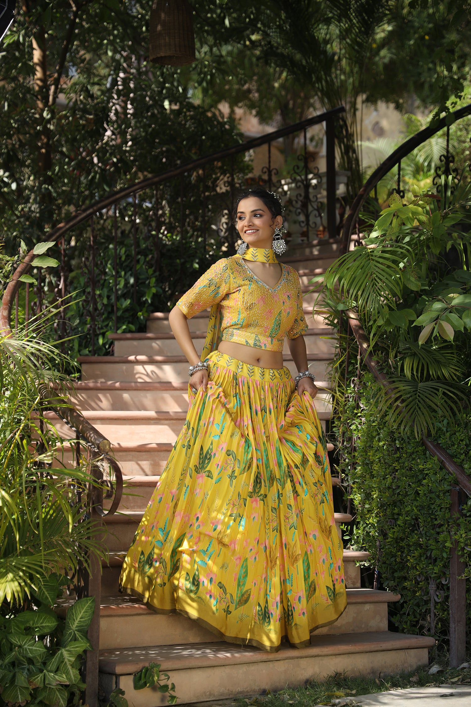 Yellow Ethnic Crepe Silk Skirt Top & Dupatta