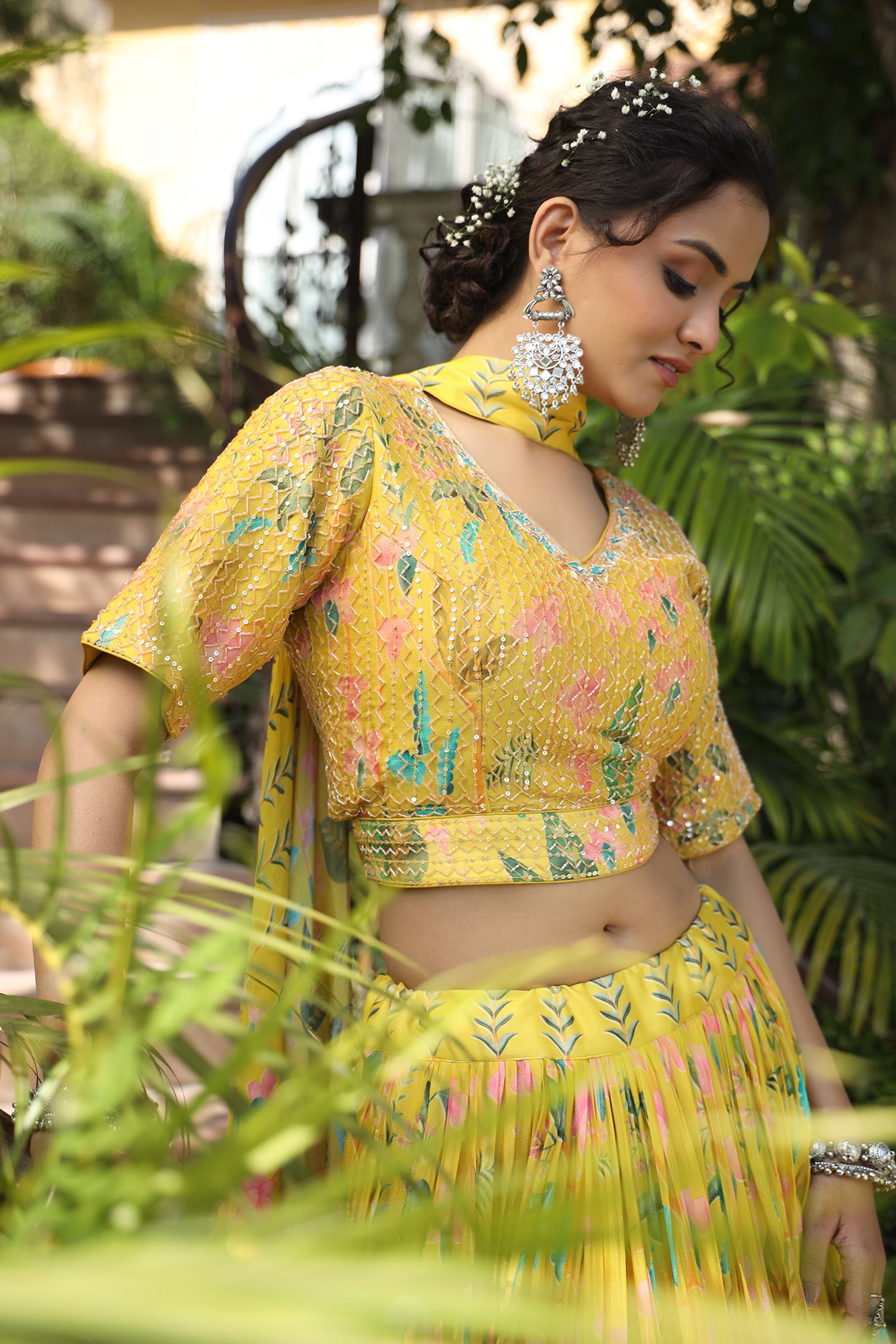 Yellow Ethnic Crepe Silk Skirt Top & Dupatta