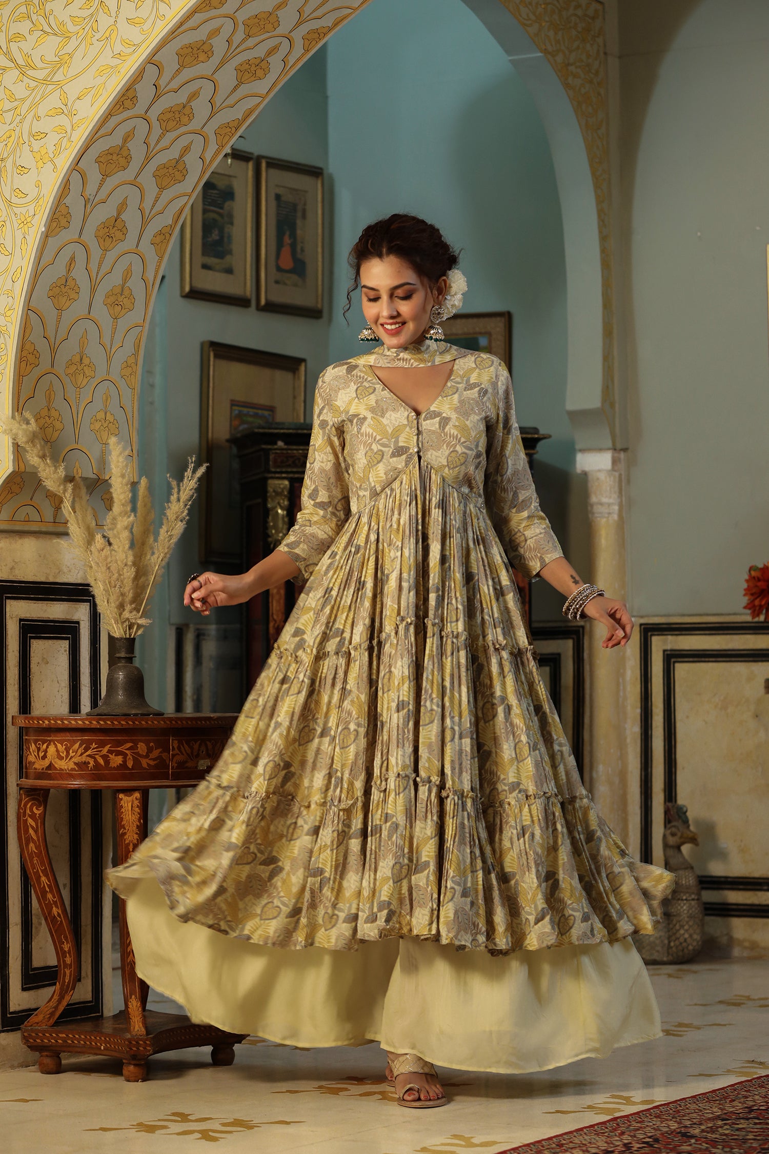 Beige Floral Printed Sharara Set