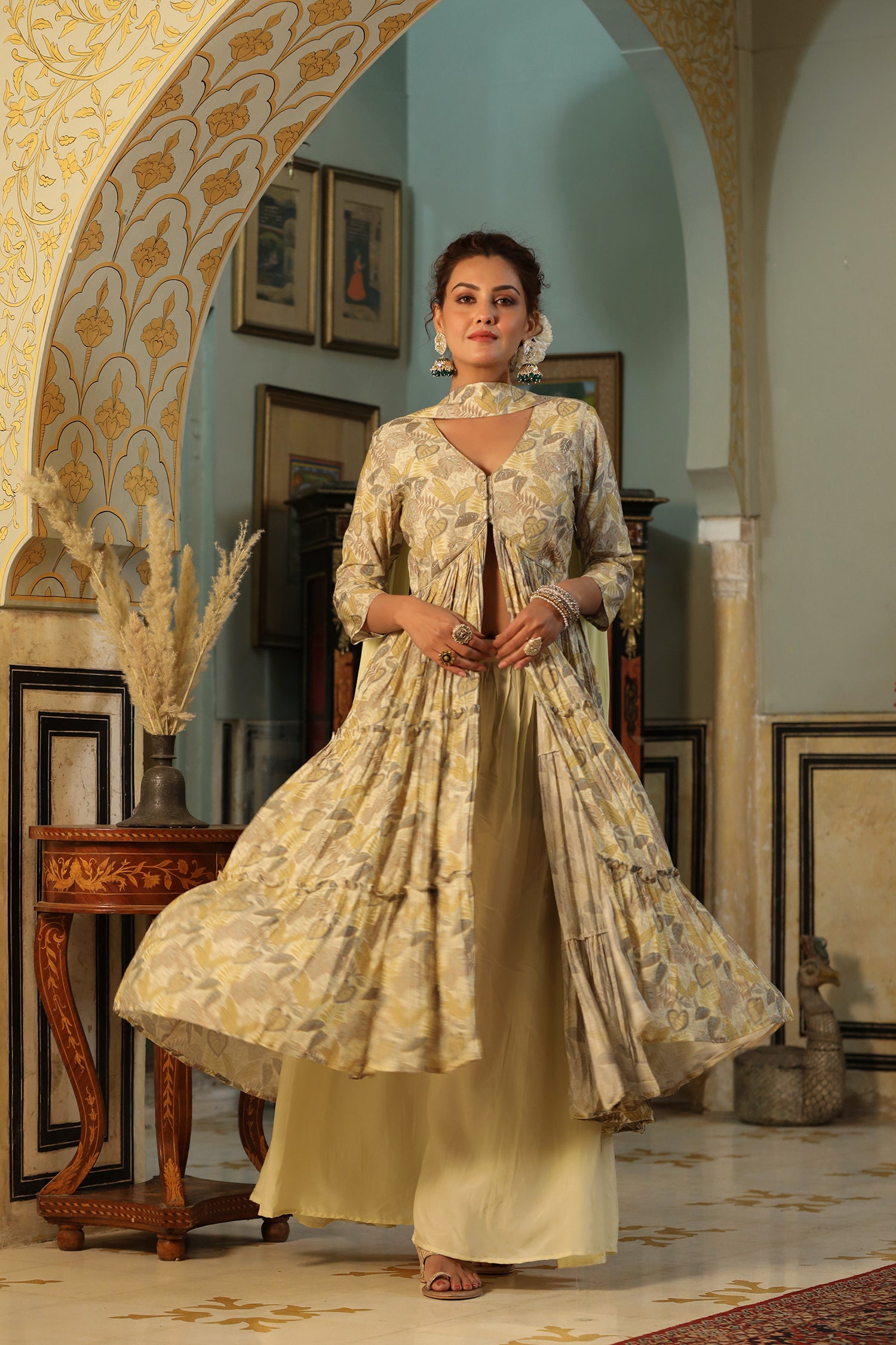 Beige Floral Printed Sharara Set