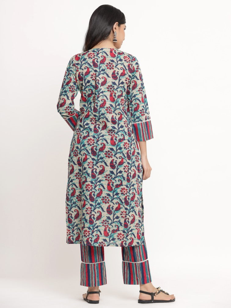 Beige Floral Printed Pure Cotton Kurta with Trousers - Daabu Jaipur